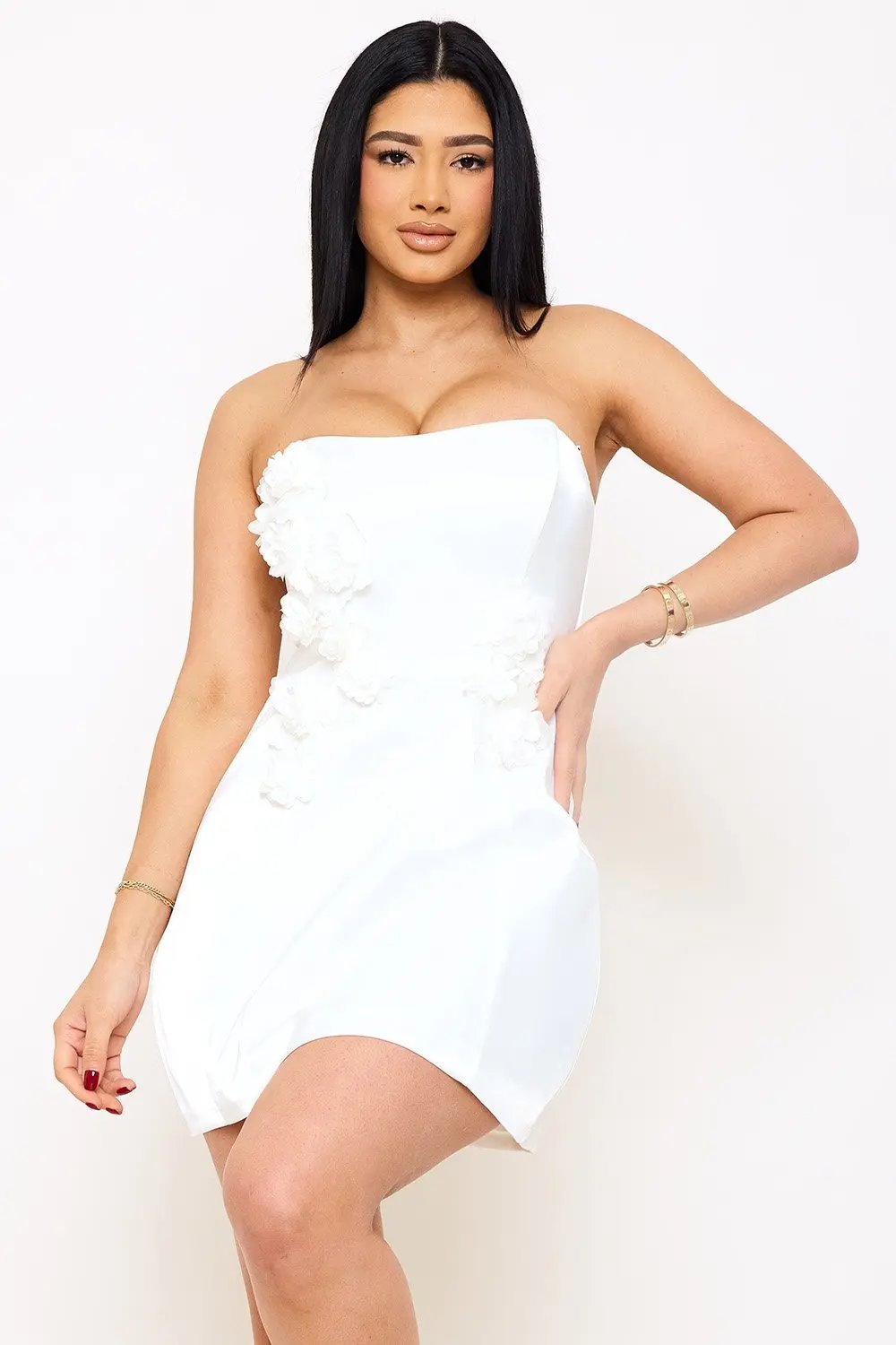 Satin Lace Mini Dress | Structured Tube Top Zipper Back BOUTINIE