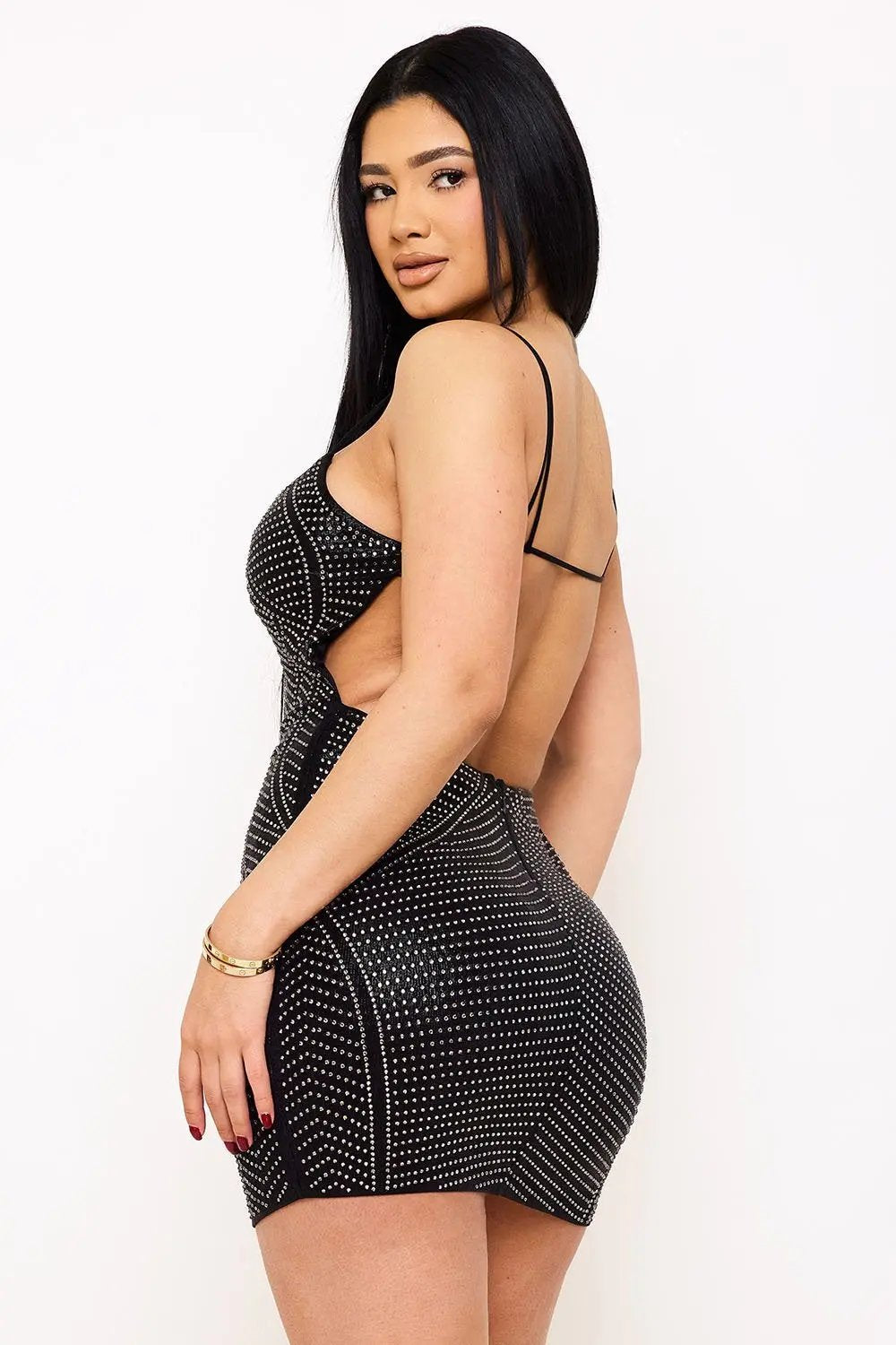 Rhinestone Mini Dress | Spaghetti Strap Open Back Style BOUTINIE