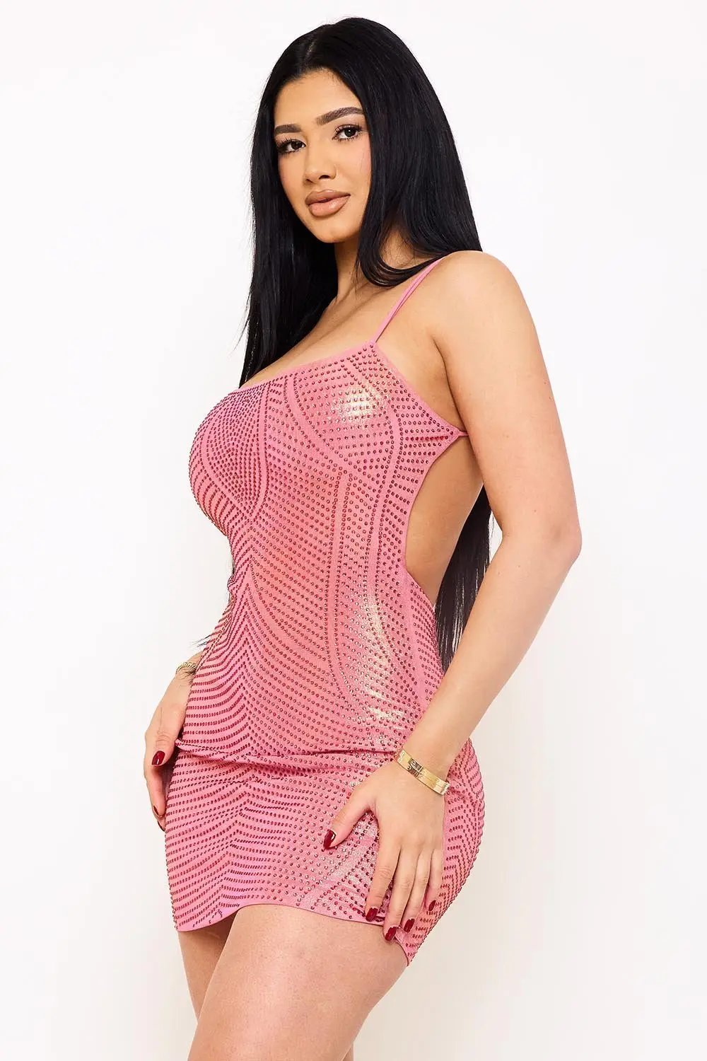 Rhinestone Mini Dress | Spaghetti Strap Open Back Style BOUTINIE