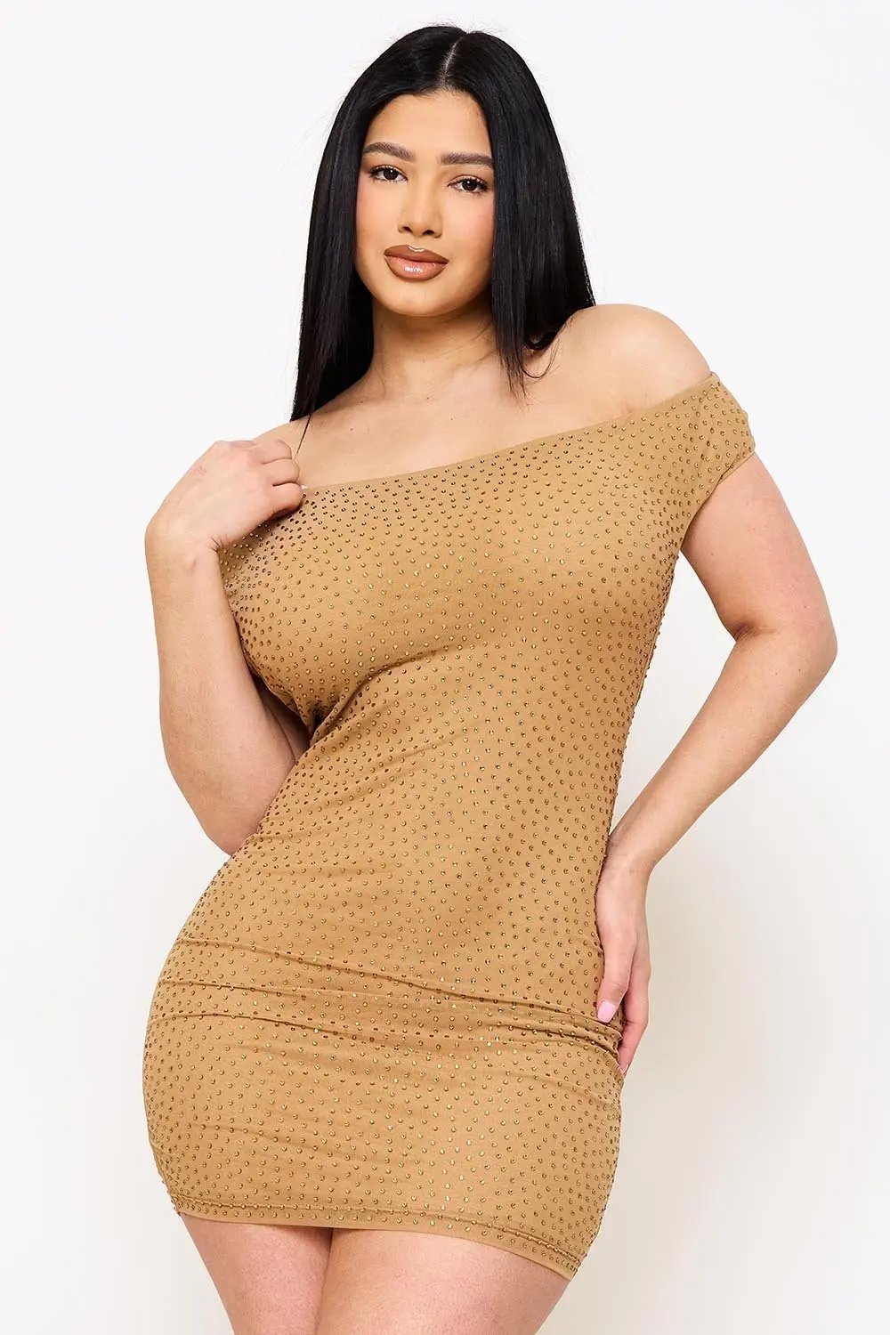 Off Shoulder Mini Dress – Rhinestone Power Mesh Zipper Closure BOUTINIE