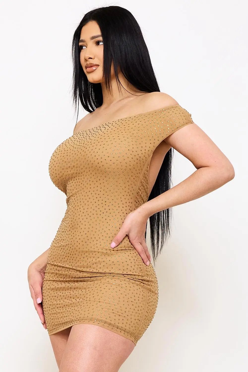 Off Shoulder Mini Dress – Rhinestone Power Mesh Zipper Closure BOUTINIE