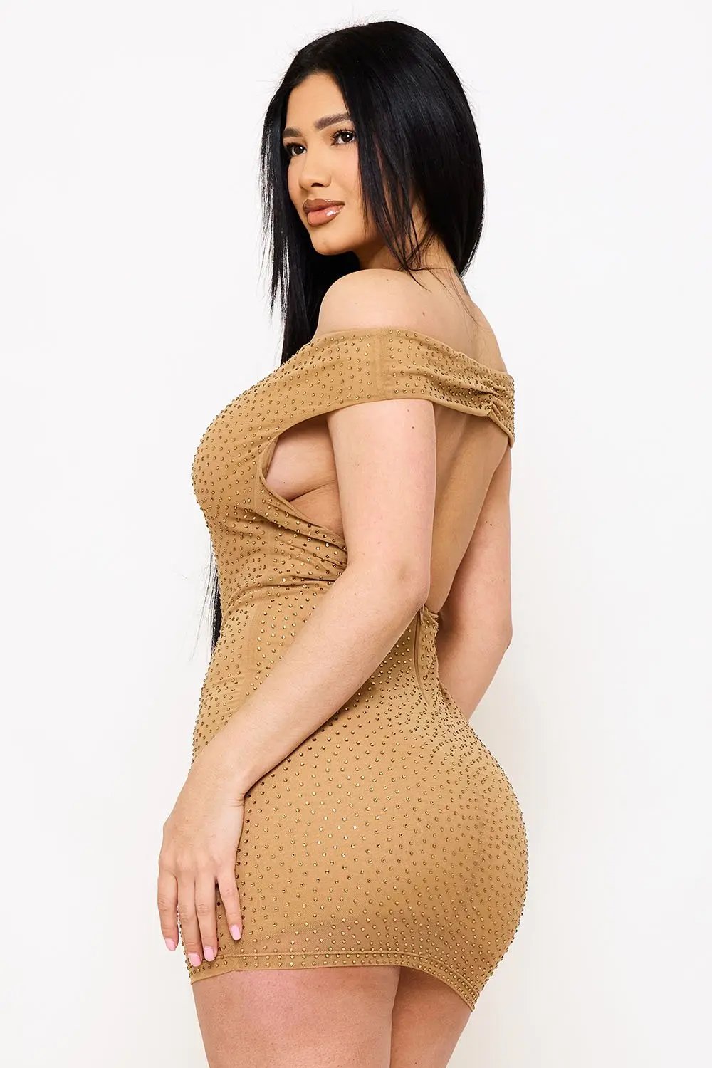 Off Shoulder Mini Dress – Rhinestone Power Mesh Zipper Closure BOUTINIE