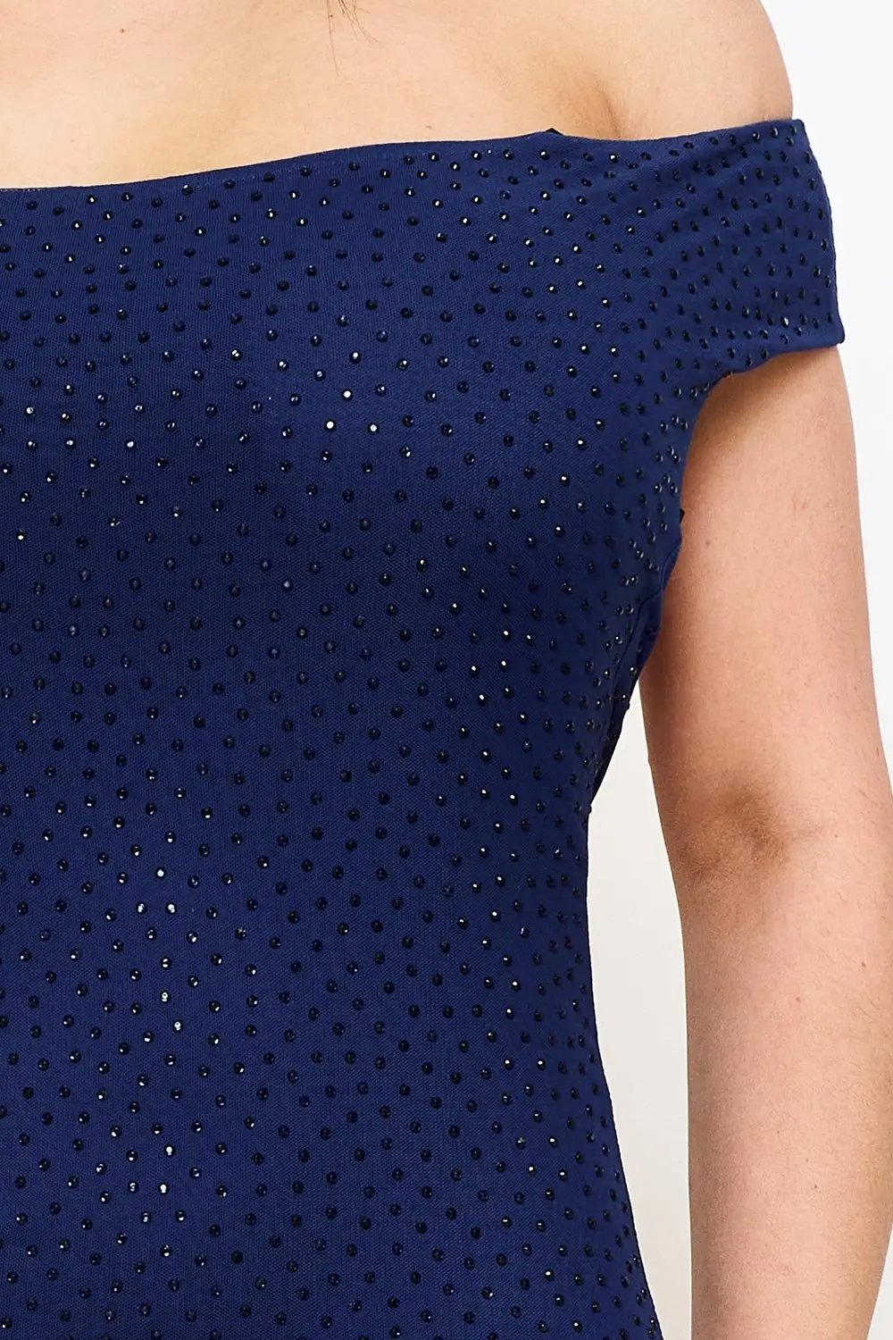 Off Shoulder Mini Dress – Rhinestone Power Mesh Zipper Closure BOUTINIE