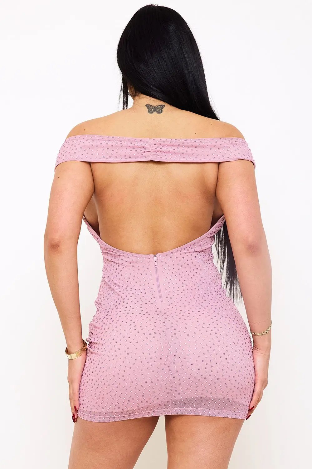 Off Shoulder Mini Dress – Rhinestone Power Mesh Zipper Closure BOUTINIE