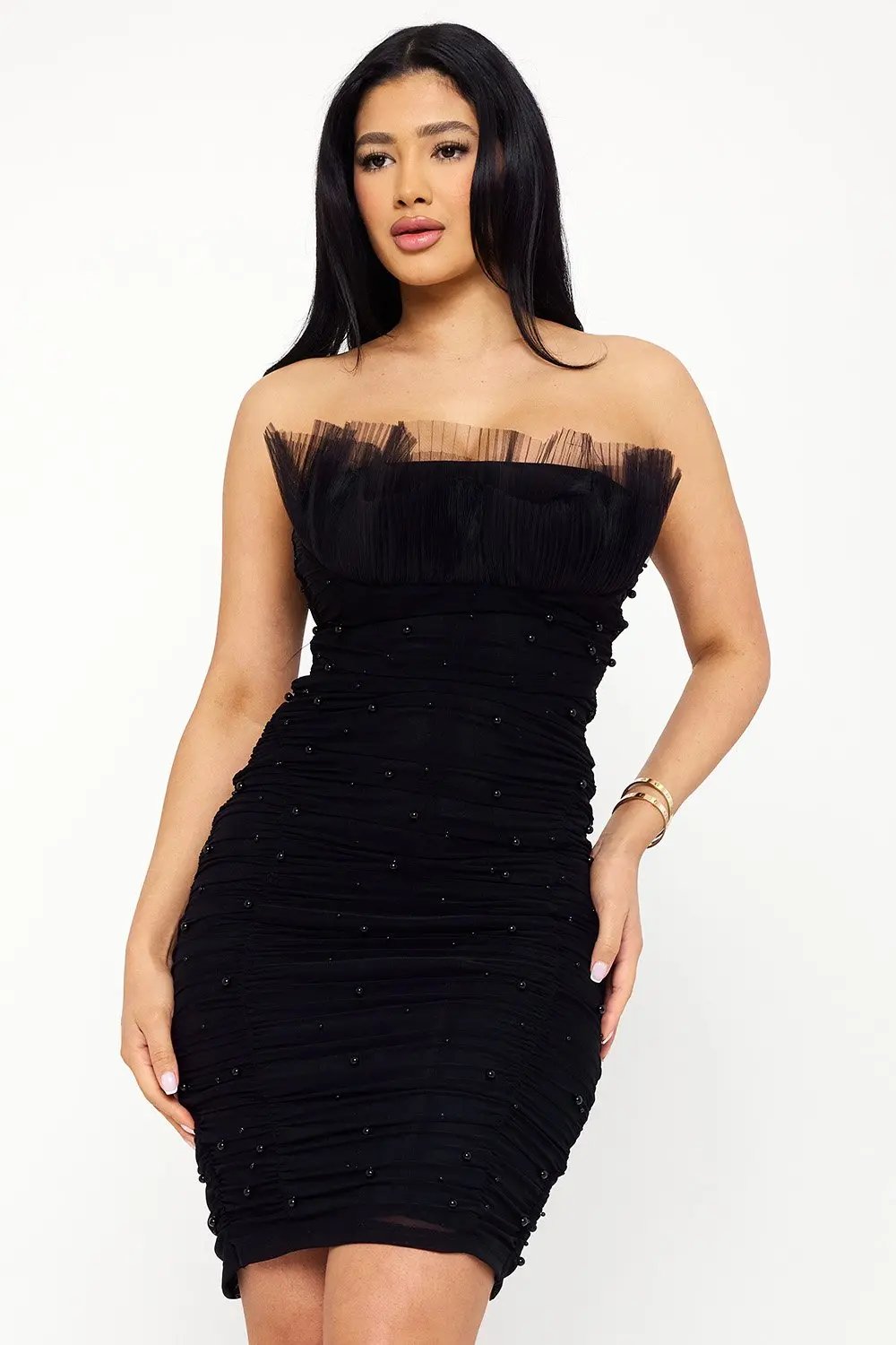 Pearl Bead Midi Dress - Elegant Pleated Mesh Power Mesh BOUTINIE