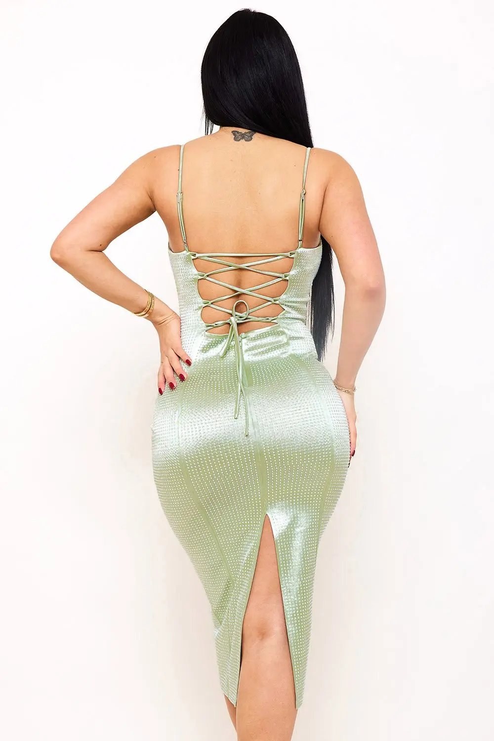 Rhinestone Midi Dress – Knit Satin Adjustable Strap Gown BOUTINIE