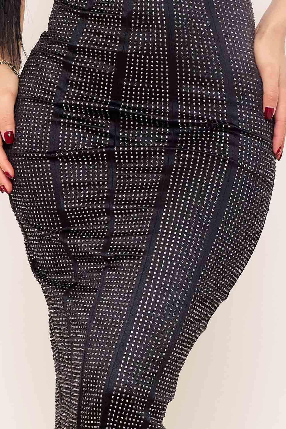 Rhinestone Midi Dress – Knit Satin Adjustable Strap Gown BOUTINIE