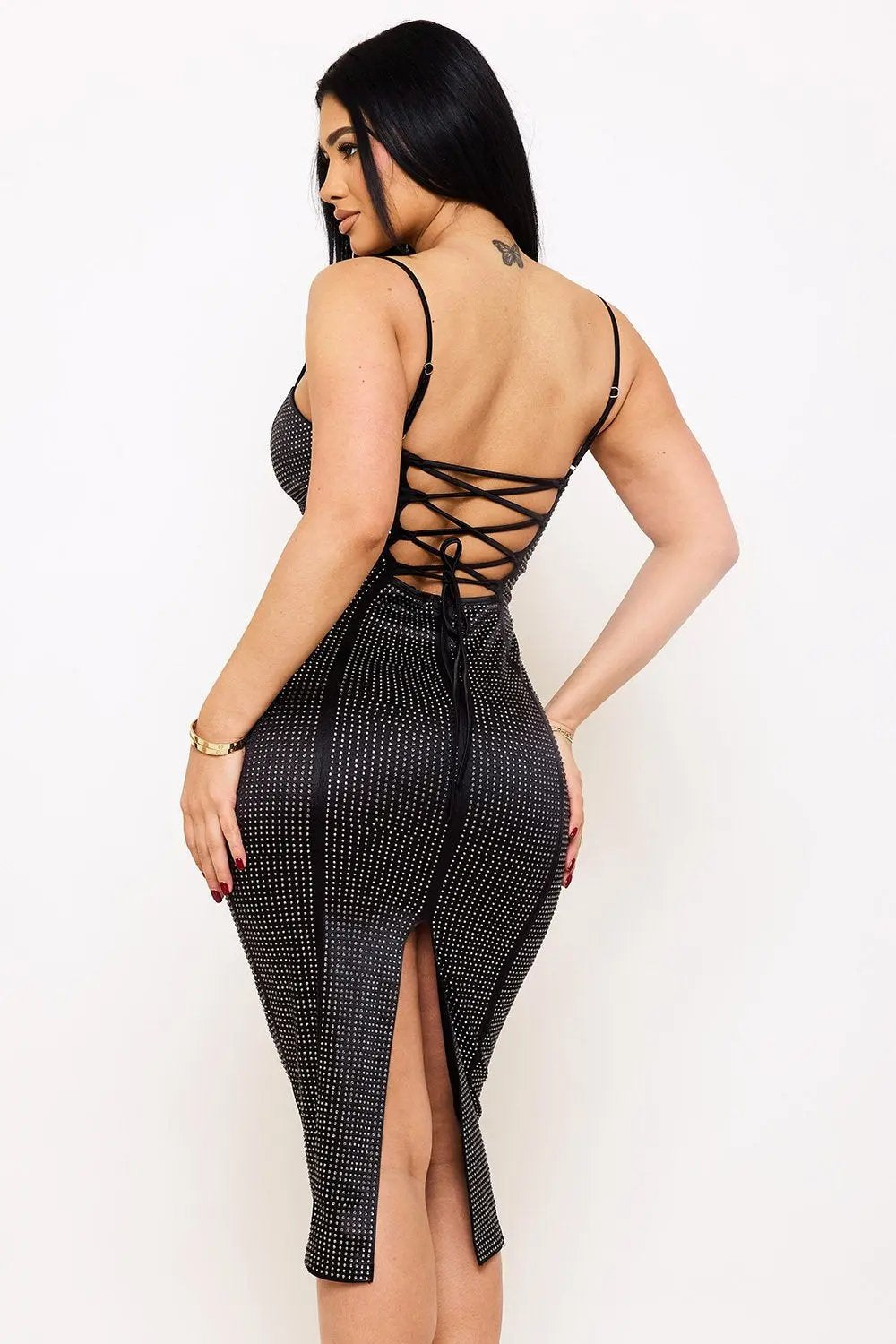 Rhinestone Midi Dress – Knit Satin Adjustable Strap Gown BOUTINIE