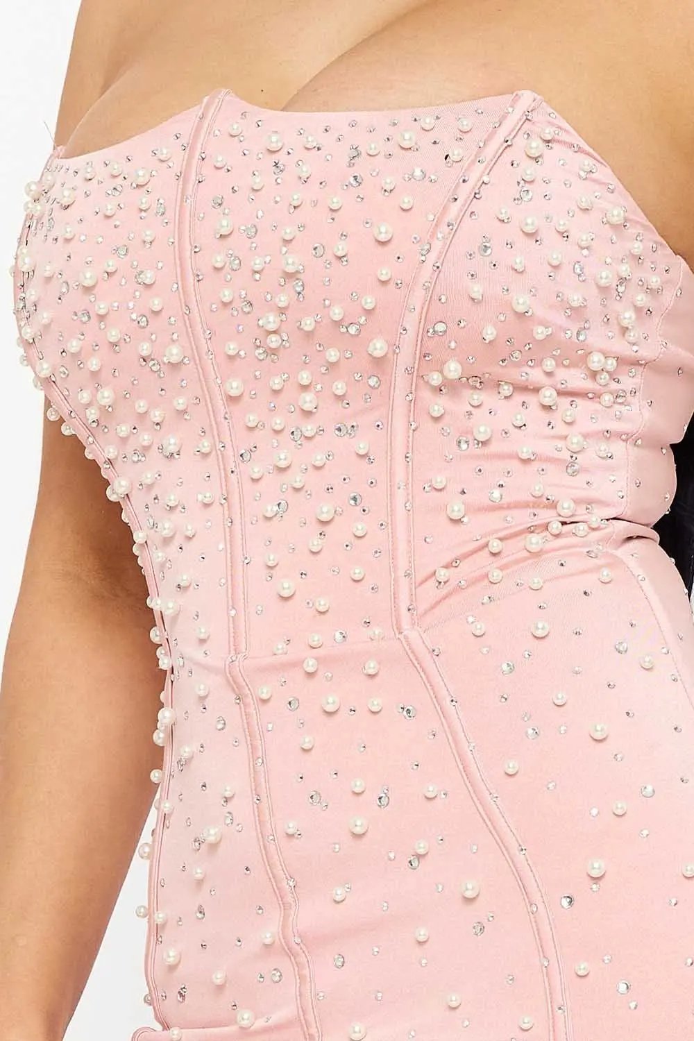 Power Satin Mini Dress With Pearl Beads - Sleeveless Scalloped Neck BOUTINIE