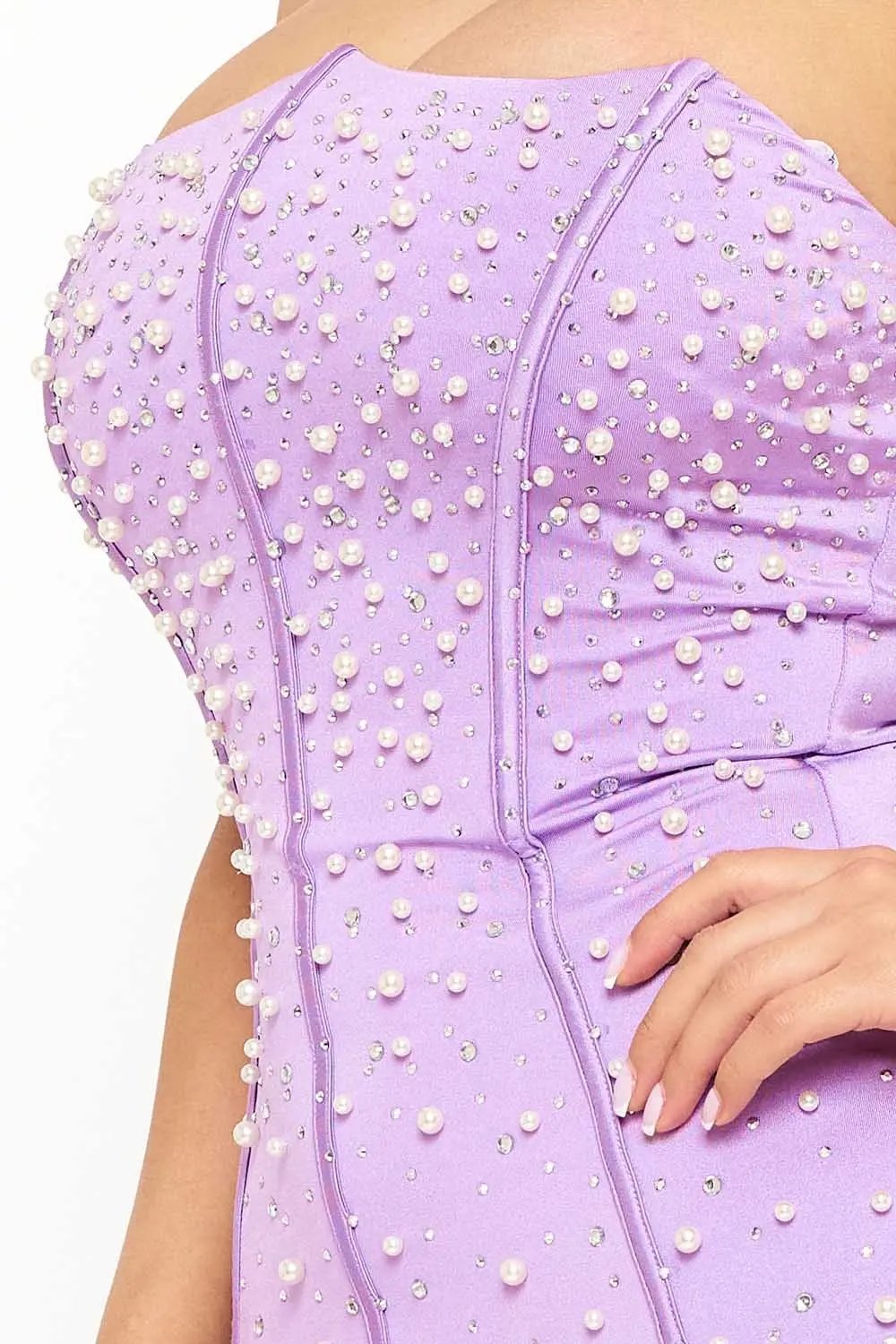 Power Satin Mini Dress With Pearl Beads - Sleeveless Scalloped Neck BOUTINIE