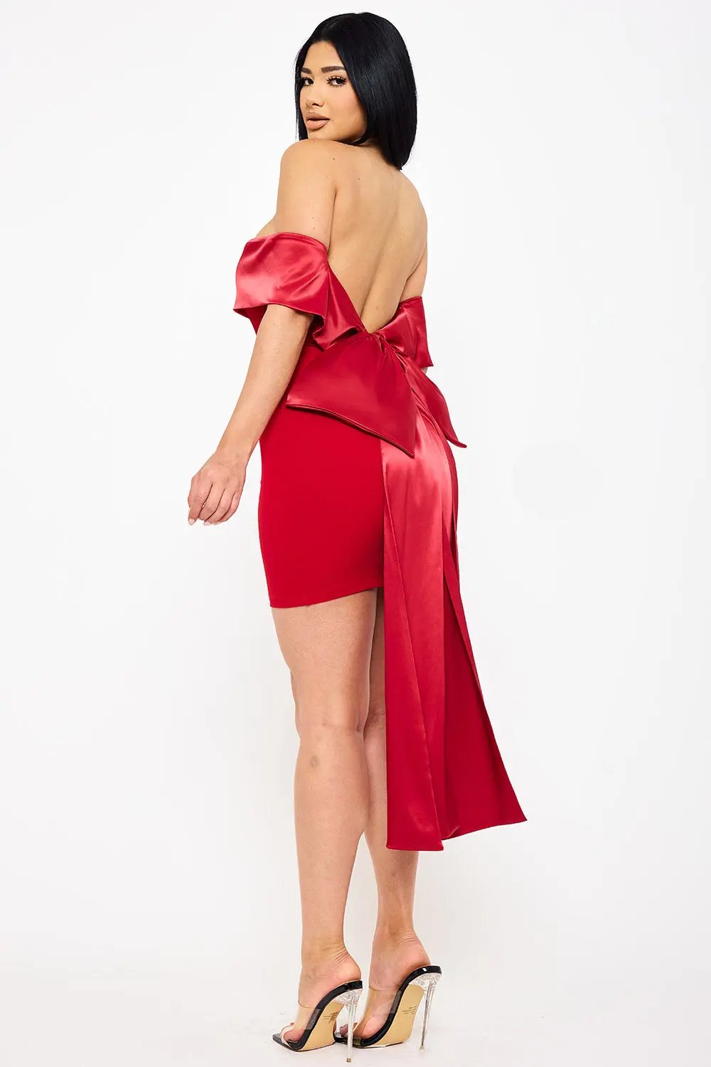 Satin Ribbon Mini Dress With Back Bow & Zipper Side Detail BOUTINIE