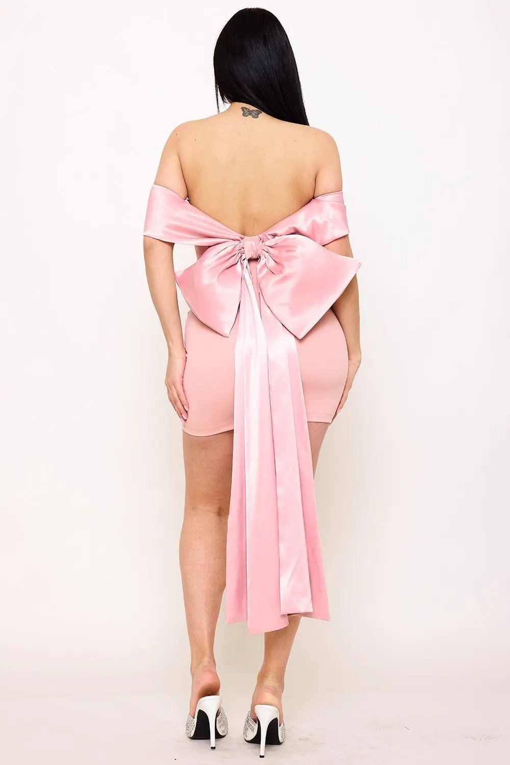 Satin Ribbon Mini Dress With Back Bow & Zipper Side Detail BOUTINIE