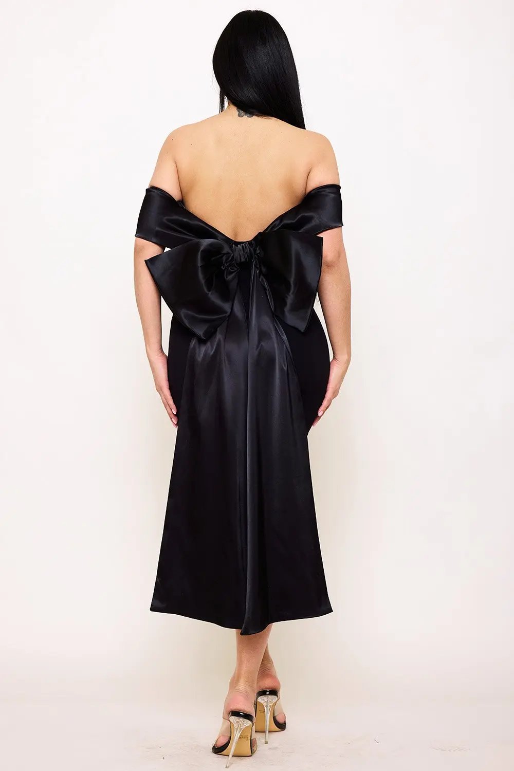 Satin Ribbon Mini Dress With Back Bow & Zipper Side Detail BOUTINIE