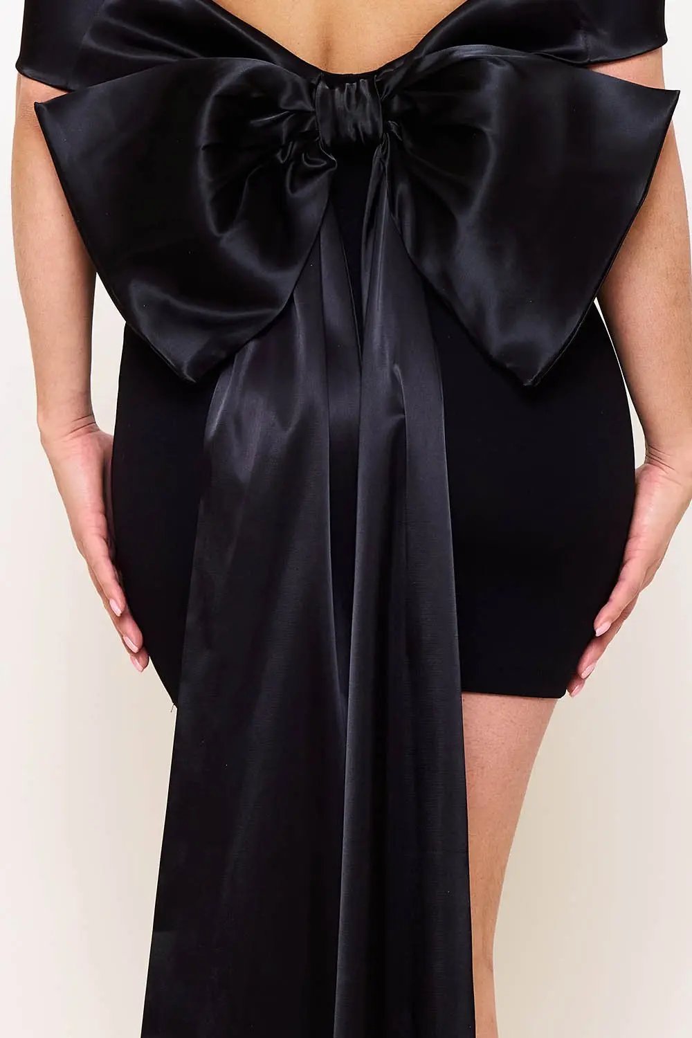 Satin Ribbon Mini Dress With Back Bow & Zipper Side Detail BOUTINIE