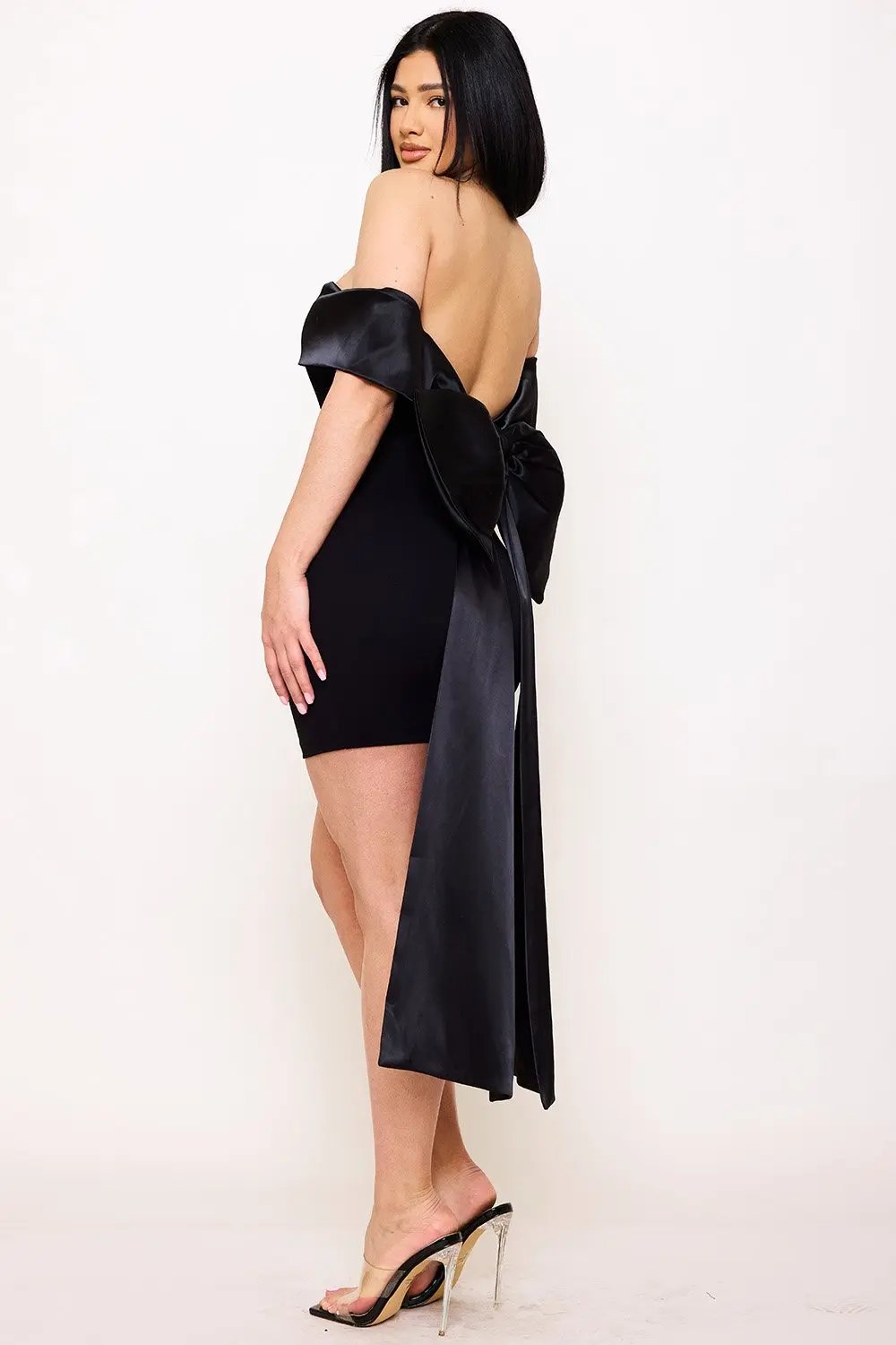 Satin Ribbon Mini Dress With Back Bow & Zipper Side Detail BOUTINIE