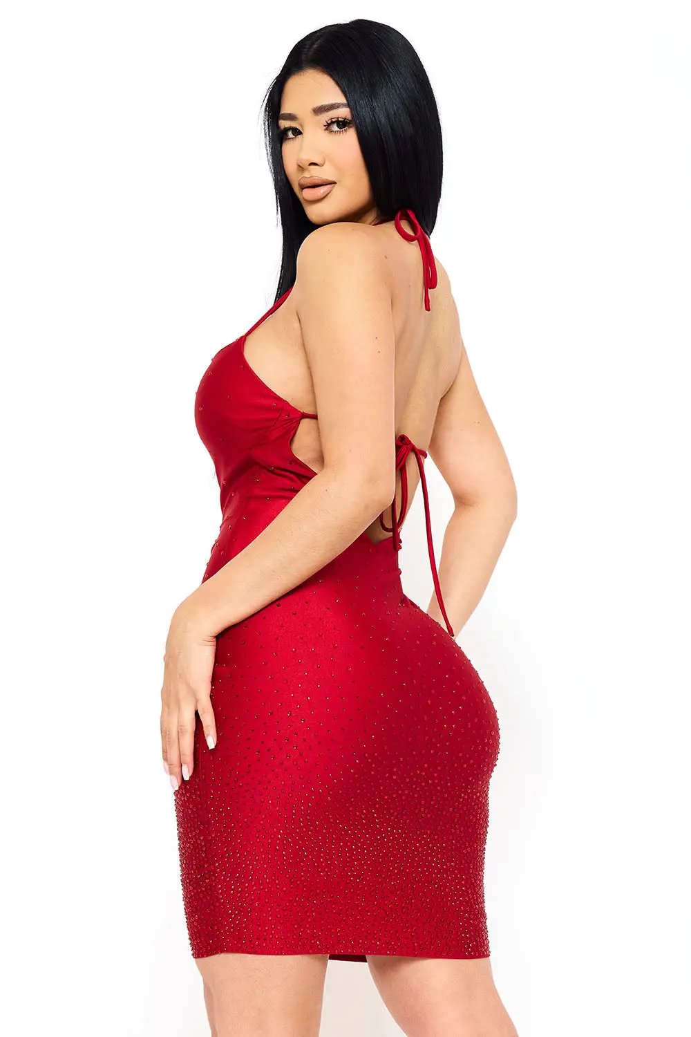 Power Satin Mini Dress With Gradation Rhinestone & Sweetheart Neckline BOUTINIE