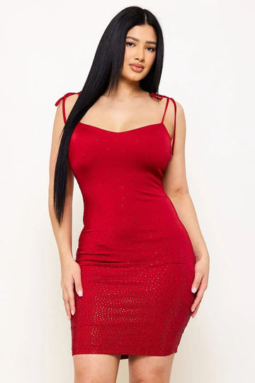 Power Satin Mini Dress With Gradation Rhinestone & Sweetheart Neckline BOUTINIE