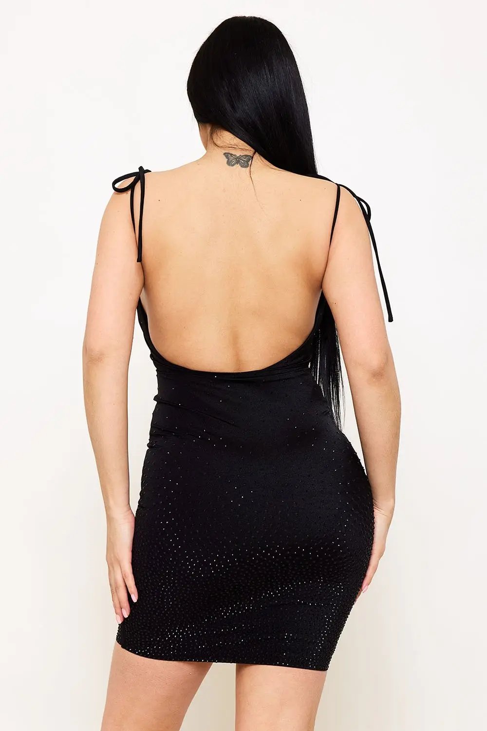 Power Satin Mini Dress With Gradation Rhinestone & Sweetheart Neckline BOUTINIE