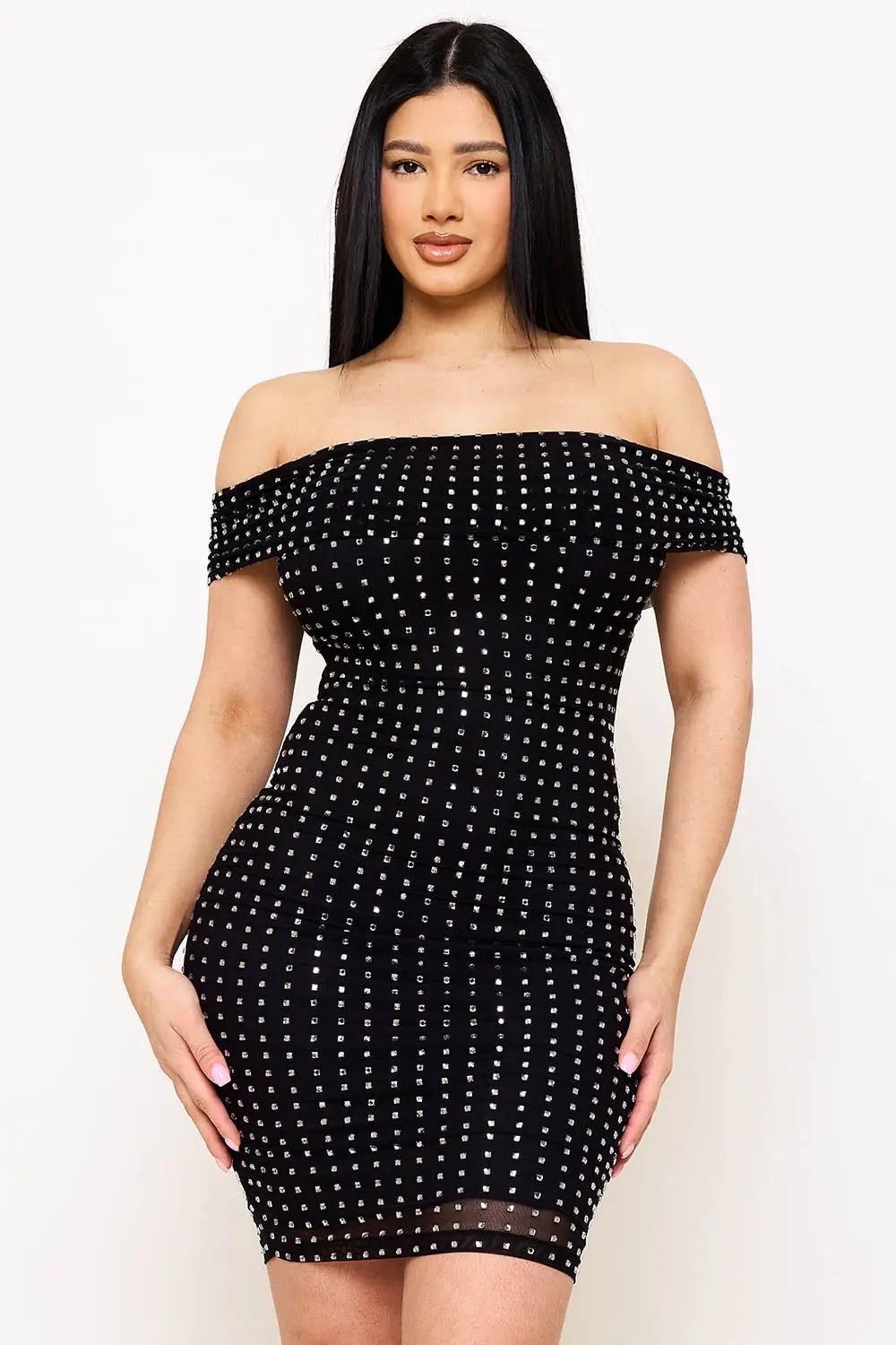 Off Shoulder Mini Dress – Power Mesh Bodycon With Rhinestone Detail BOUTINIE