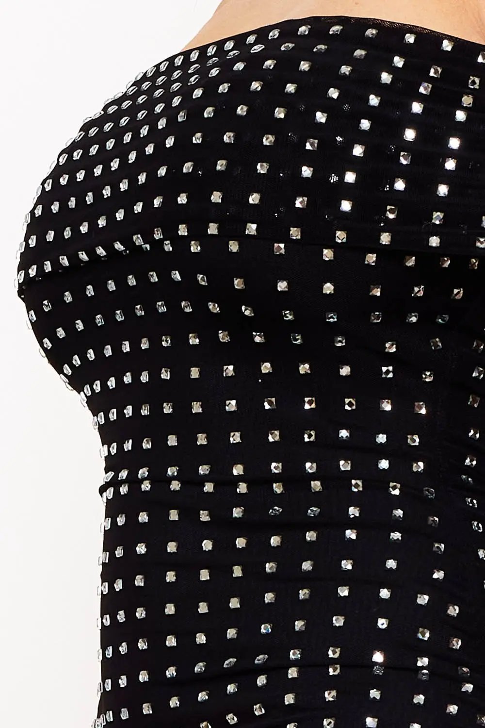 Off Shoulder Mini Dress – Power Mesh Bodycon With Rhinestone Detail BOUTINIE