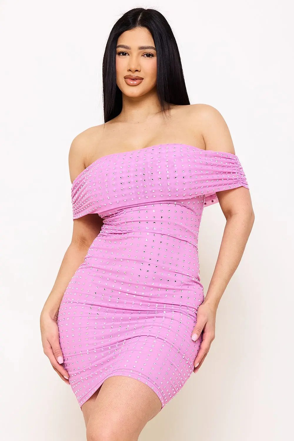 Off Shoulder Mini Dress – Power Mesh Bodycon With Rhinestone Detail BOUTINIE
