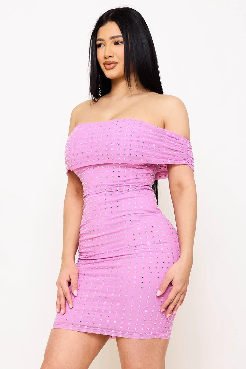 Off Shoulder Mini Dress – Power Mesh Bodycon With Rhinestone Detail BOUTINIE