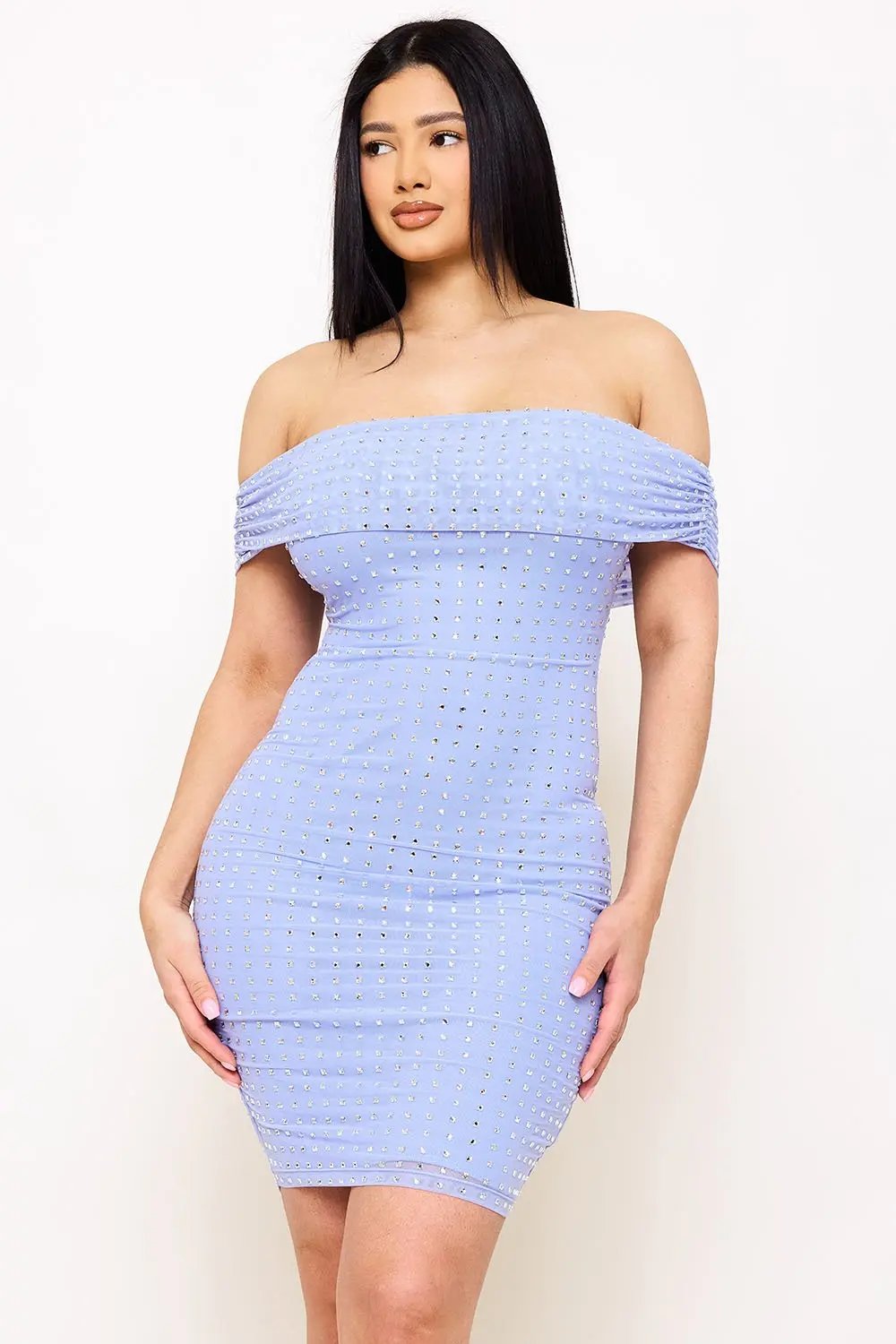 Off Shoulder Mini Dress – Power Mesh Bodycon With Rhinestone Detail BOUTINIE