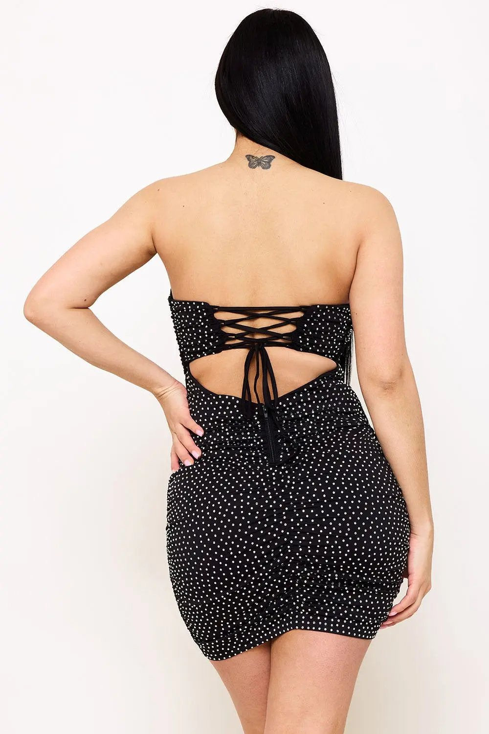 Rhinestone Strapless Mini Dress - Criss Cross Back Zipper BOUTINIE