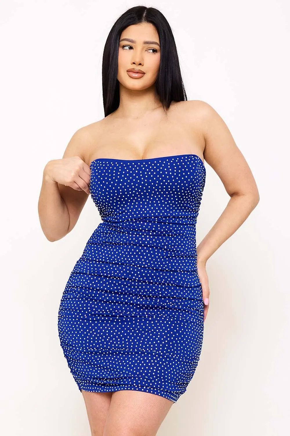 Rhinestone Strapless Mini Dress - Criss Cross Back Zipper BOUTINIE