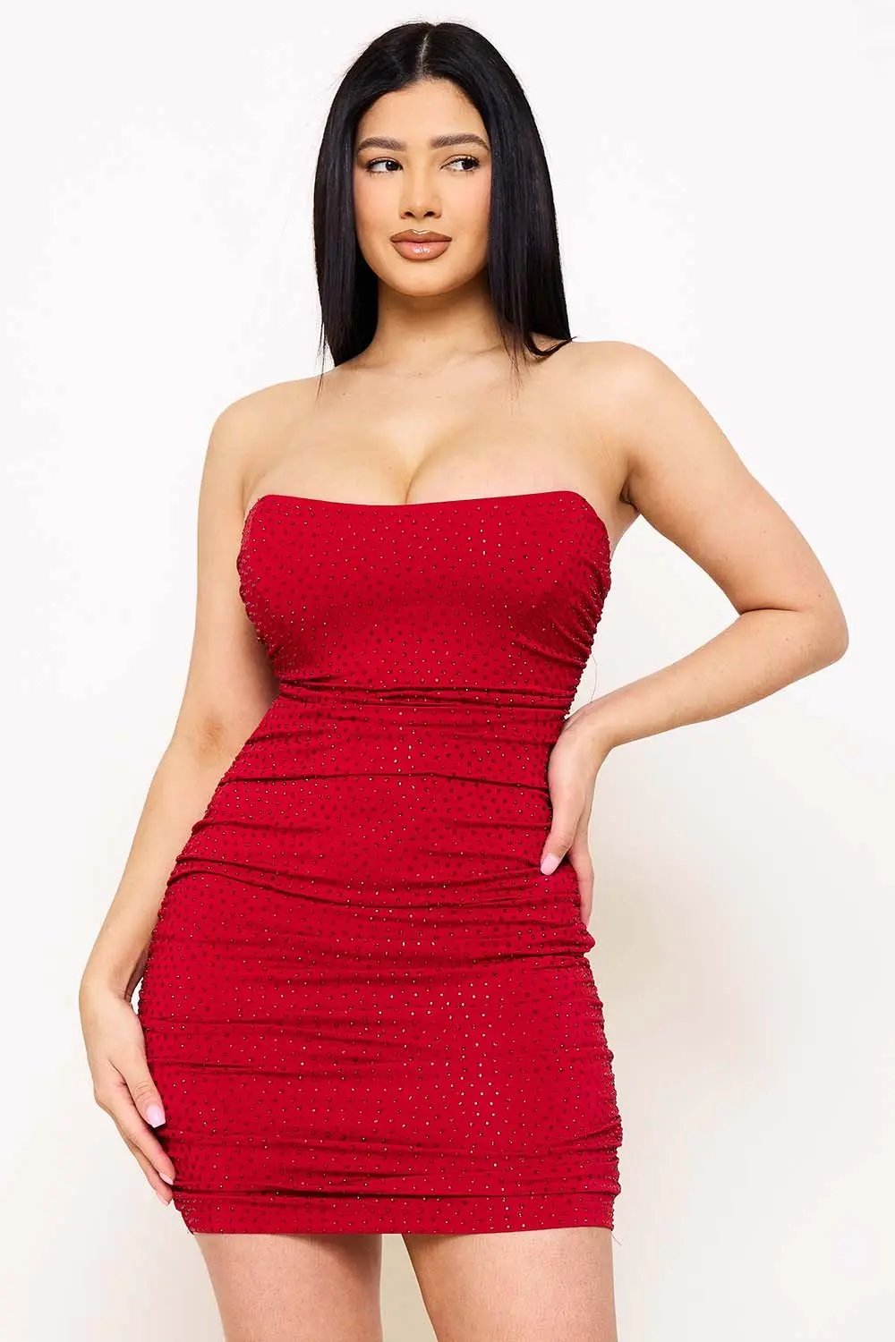 Rhinestone Strapless Mini Dress - Criss Cross Back Zipper BOUTINIE