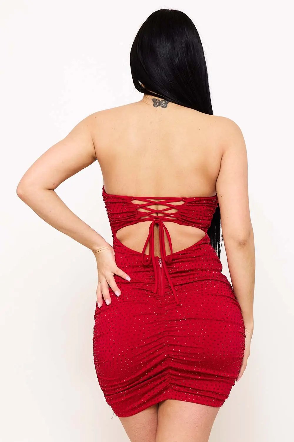 Rhinestone Strapless Mini Dress - Criss Cross Back Zipper BOUTINIE