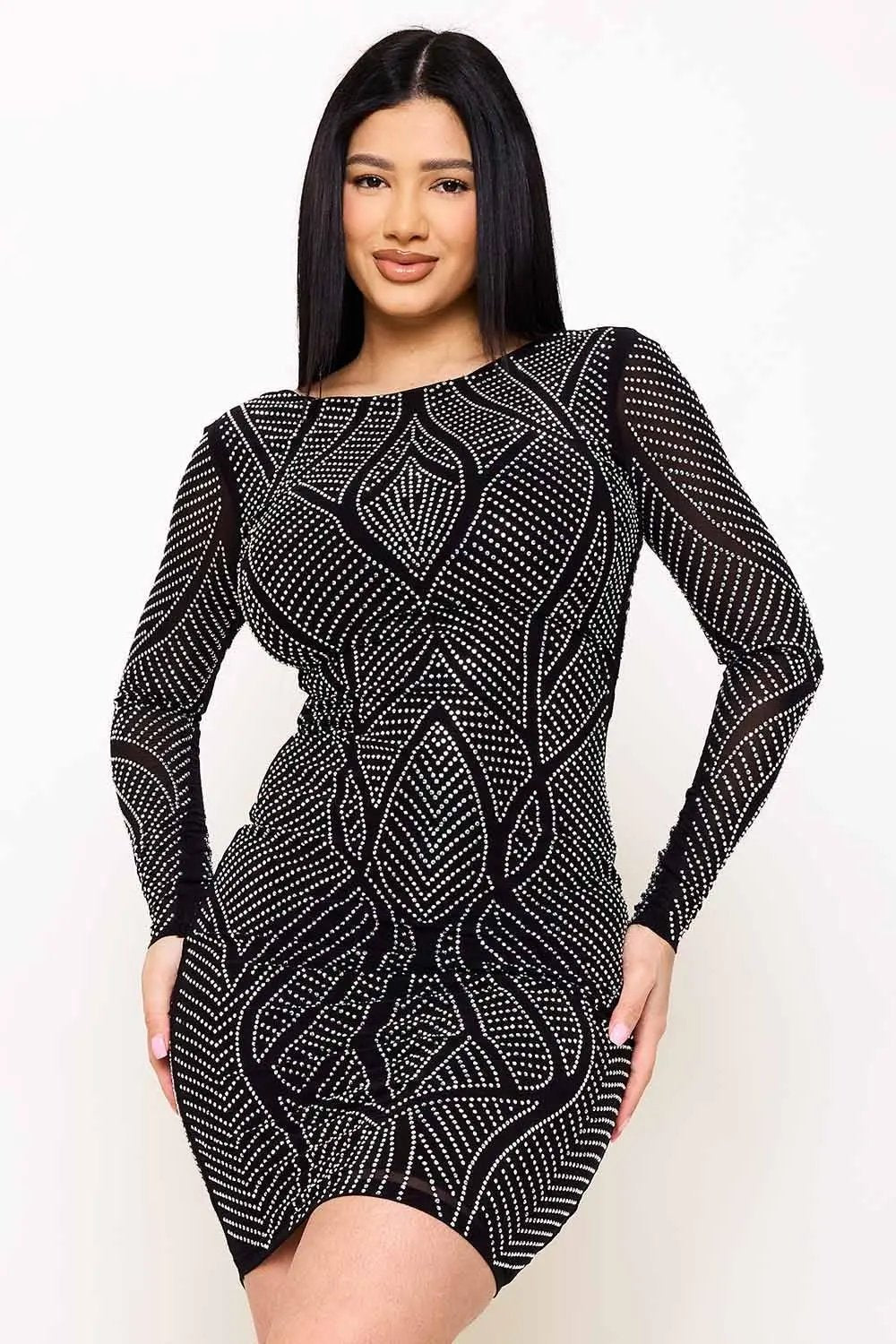 Rhinestone Mini Dress - Fitted Sequined Open Back Party Wear BOUTINIE