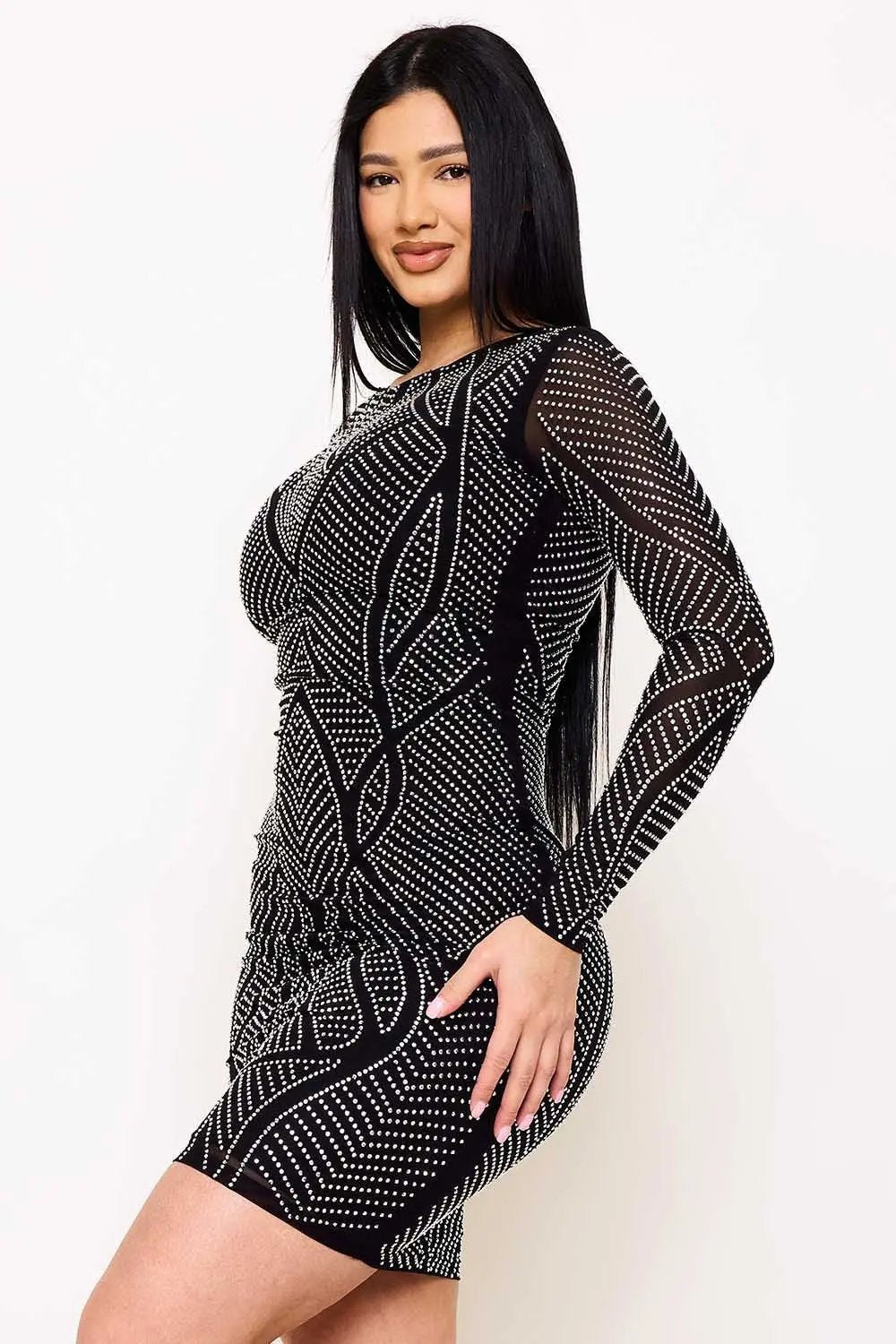 Rhinestone Mini Dress - Fitted Sequined Open Back Party Wear BOUTINIE