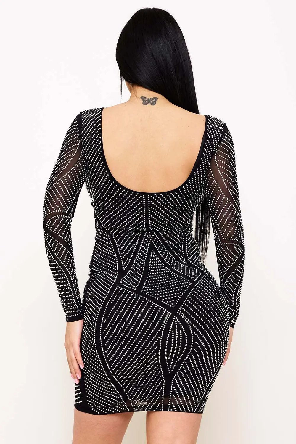 Rhinestone Mini Dress - Fitted Sequined Open Back Party Wear BOUTINIE