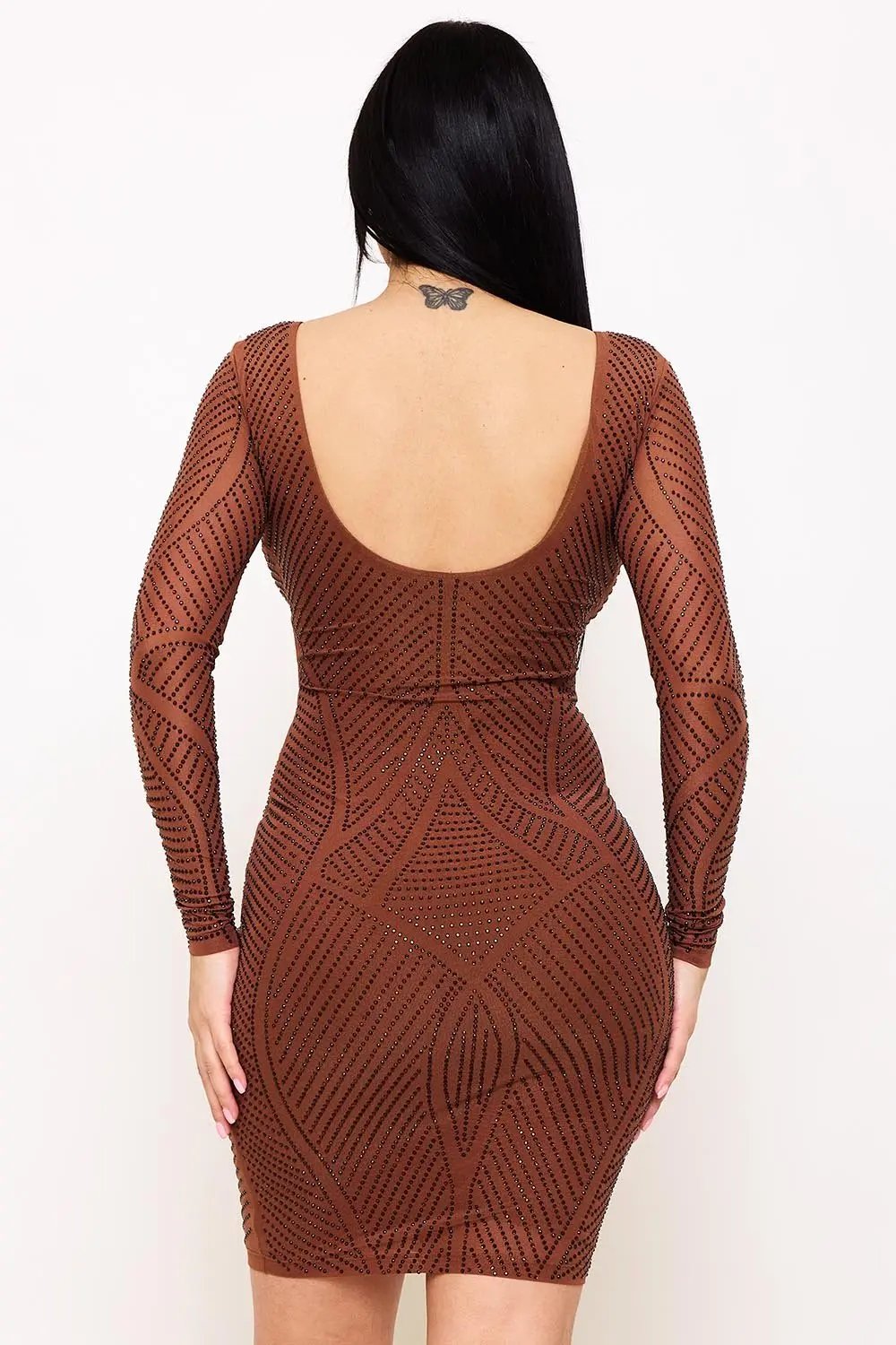 Rhinestone Mini Dress - Fitted Sequined Open Back Party Wear BOUTINIE