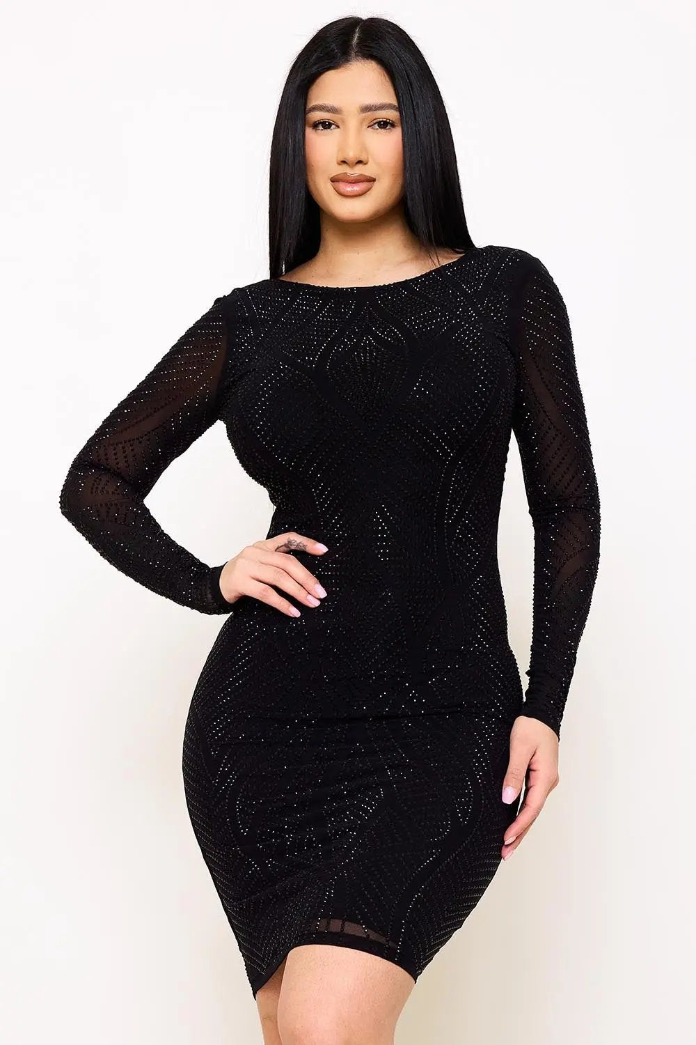 Rhinestone Mini Dress - Fitted Sequined Open Back Party Wear BOUTINIE