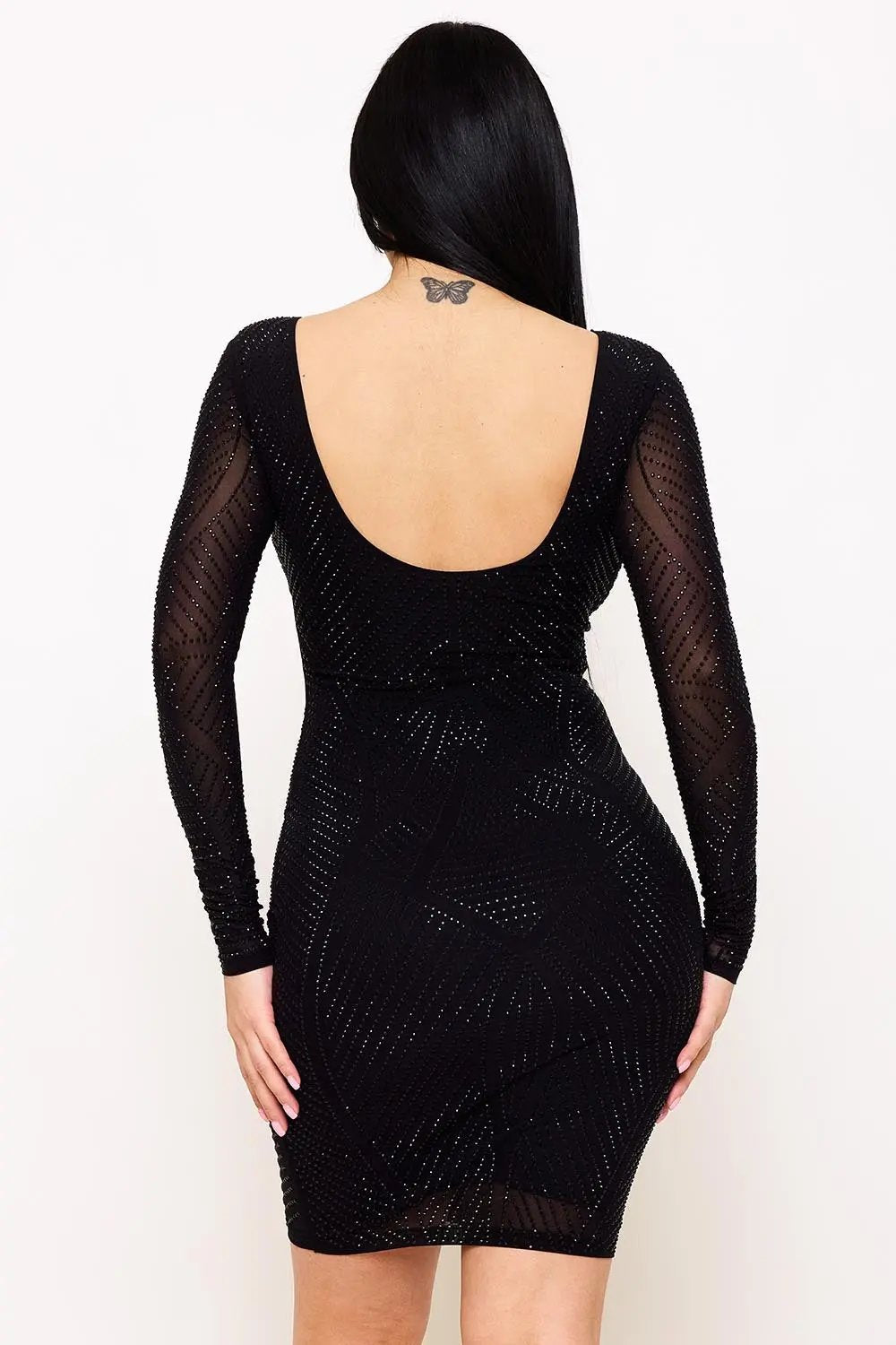 Rhinestone Mini Dress - Fitted Sequined Open Back Party Wear BOUTINIE