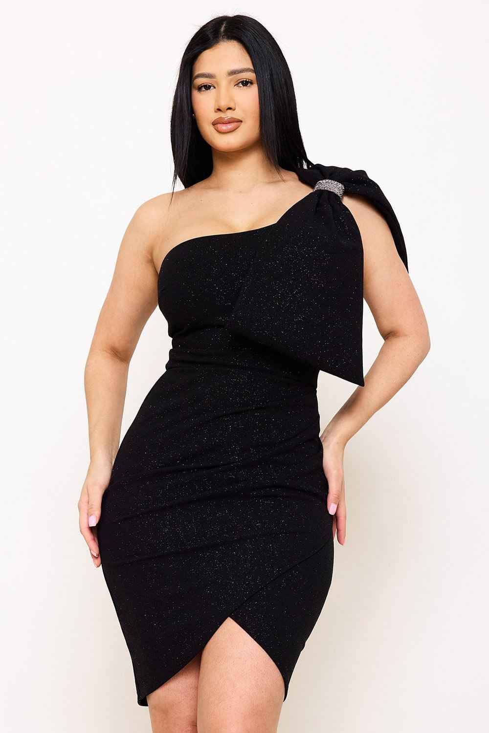 Bow One Shoulder Glitter Mini Dress – Ivory | Boutinie