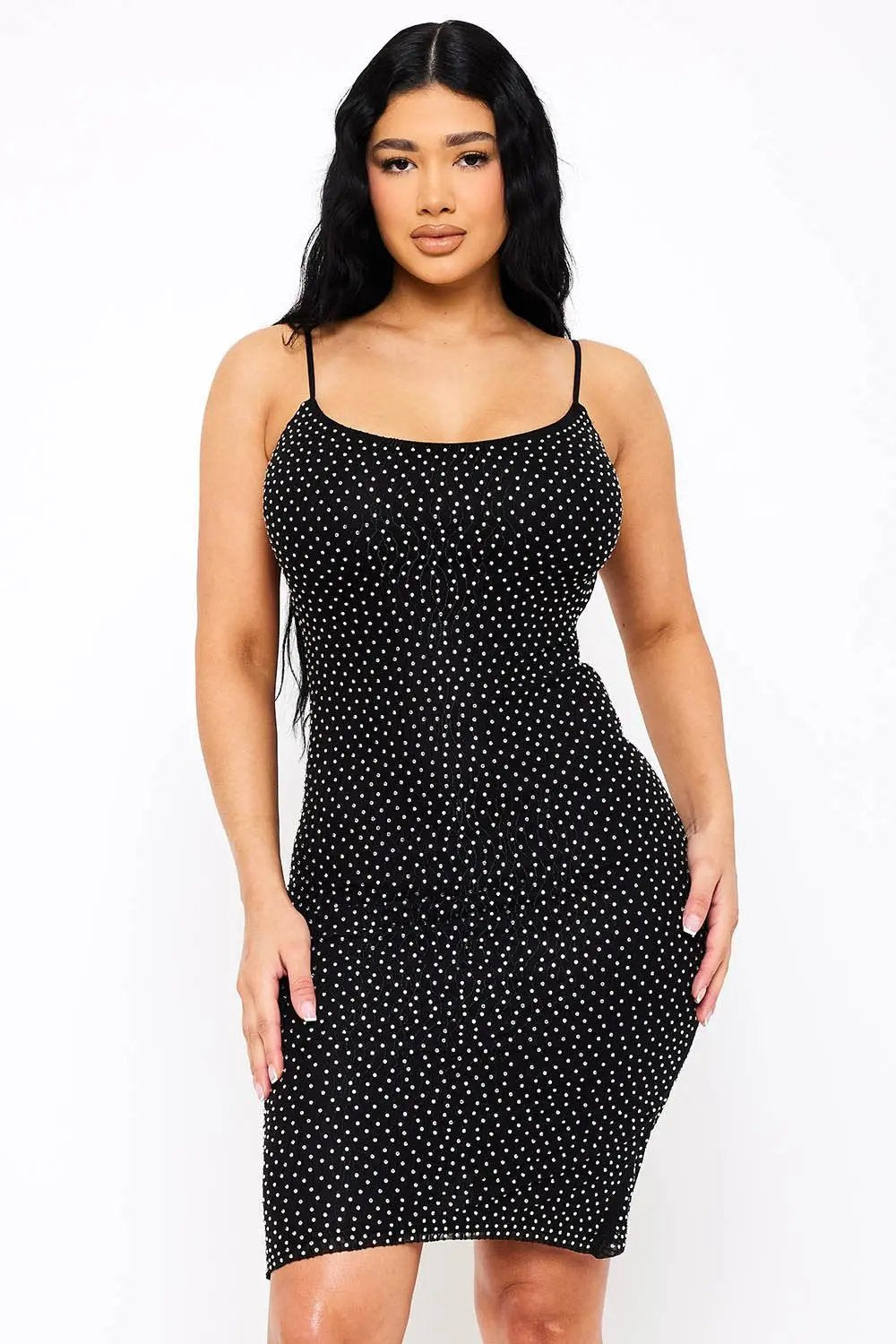 Rhinestone Mesh Mini Dress - Wavy Stretch Slip-On BOUTINIE