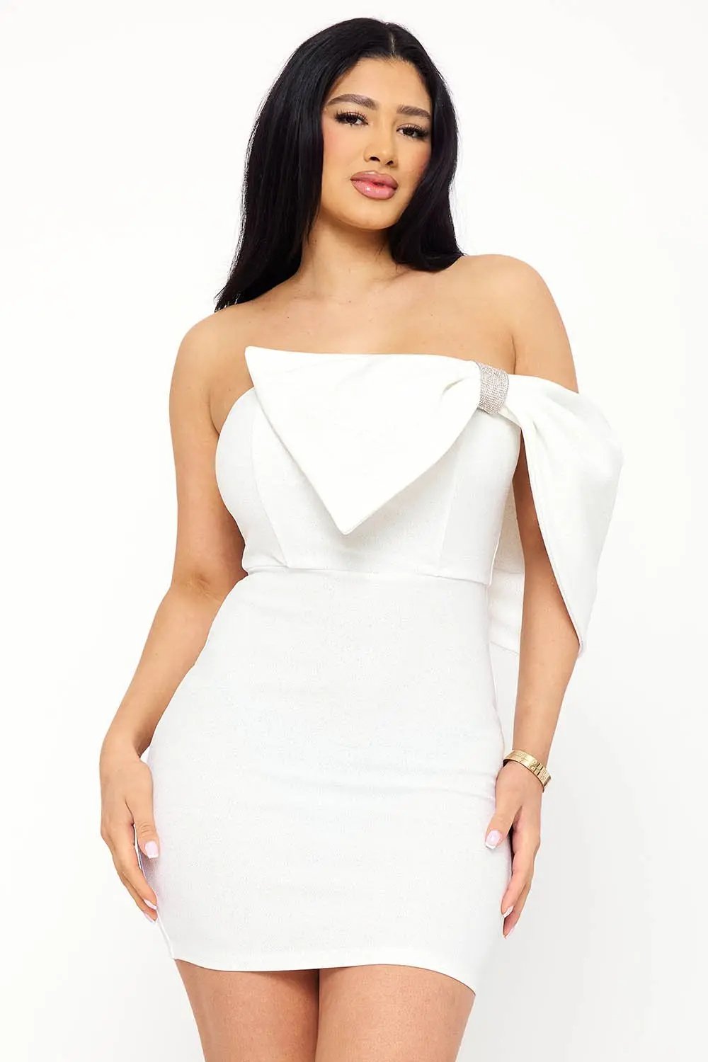 One Shoulder Mini Dress With Large Bow & Glitter Rhinestone Trim BOUTINIE