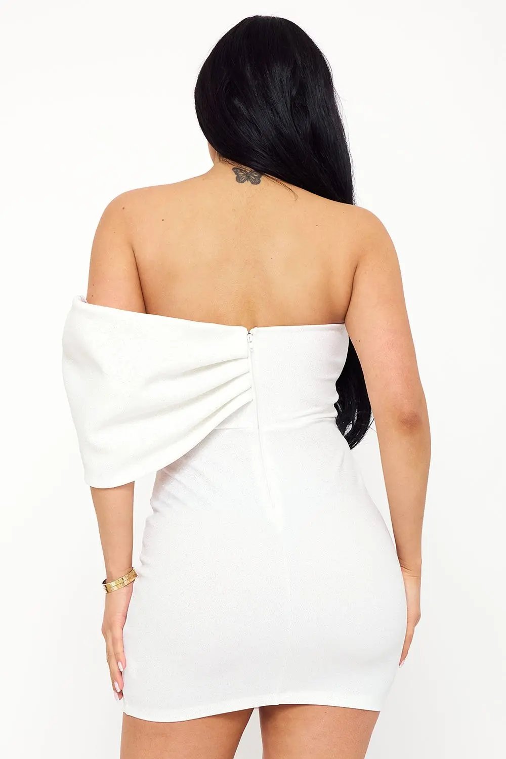 One Shoulder Mini Dress With Large Bow & Glitter Rhinestone Trim BOUTINIE