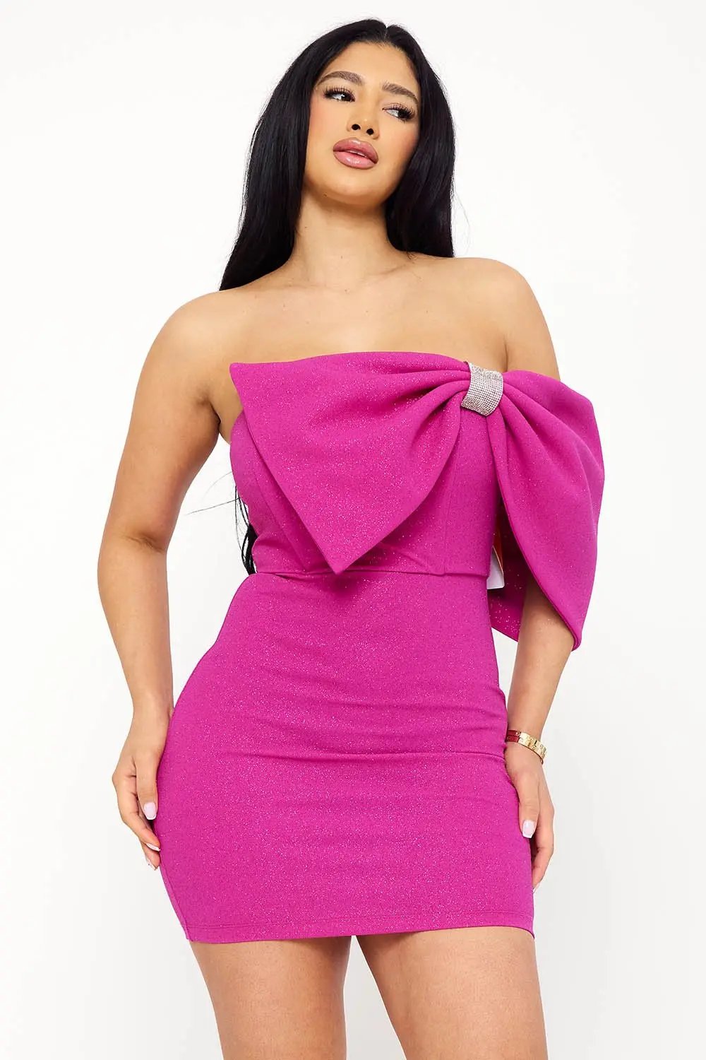 One Shoulder Mini Dress With Large Bow & Glitter Rhinestone Trim BOUTINIE