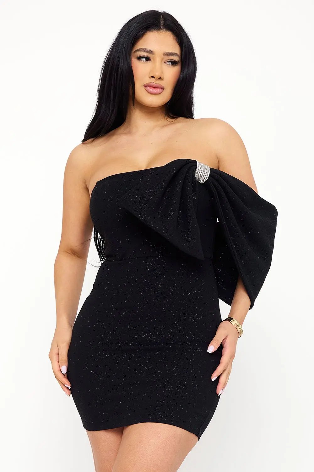 One Shoulder Mini Dress With Large Bow & Glitter Rhinestone Trim BOUTINIE