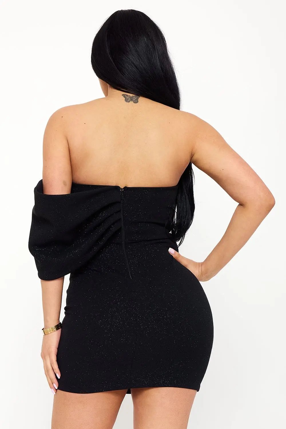 One Shoulder Mini Dress With Large Bow & Glitter Rhinestone Trim BOUTINIE