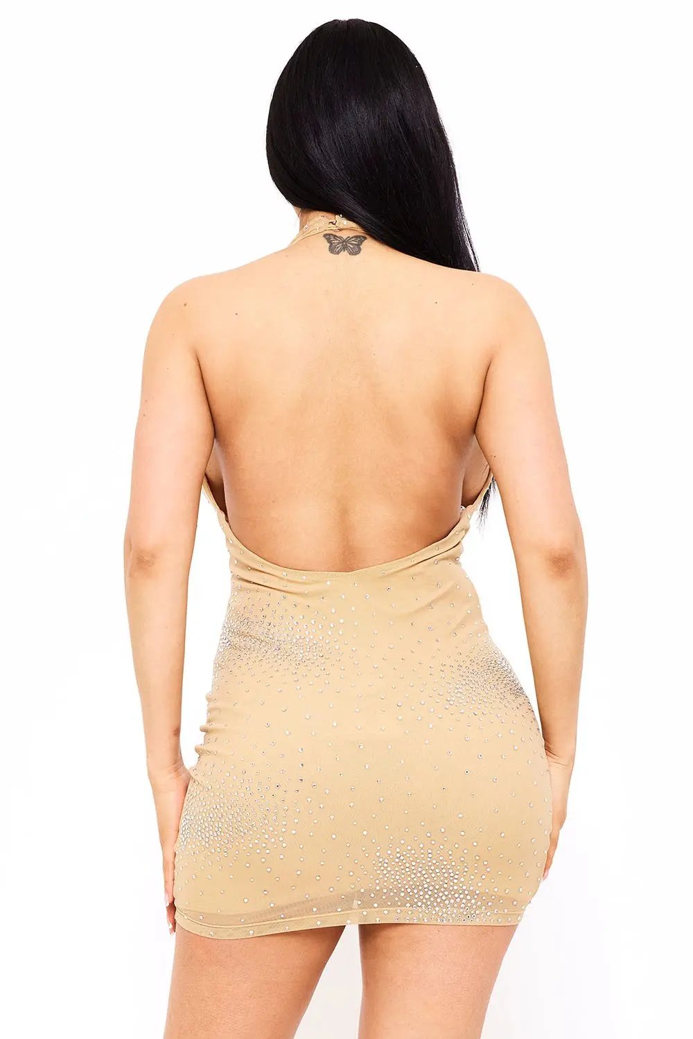 Rhinestone Mini Dress – Mesh Cowl Neckline & Double Button Closure BOUTINIE