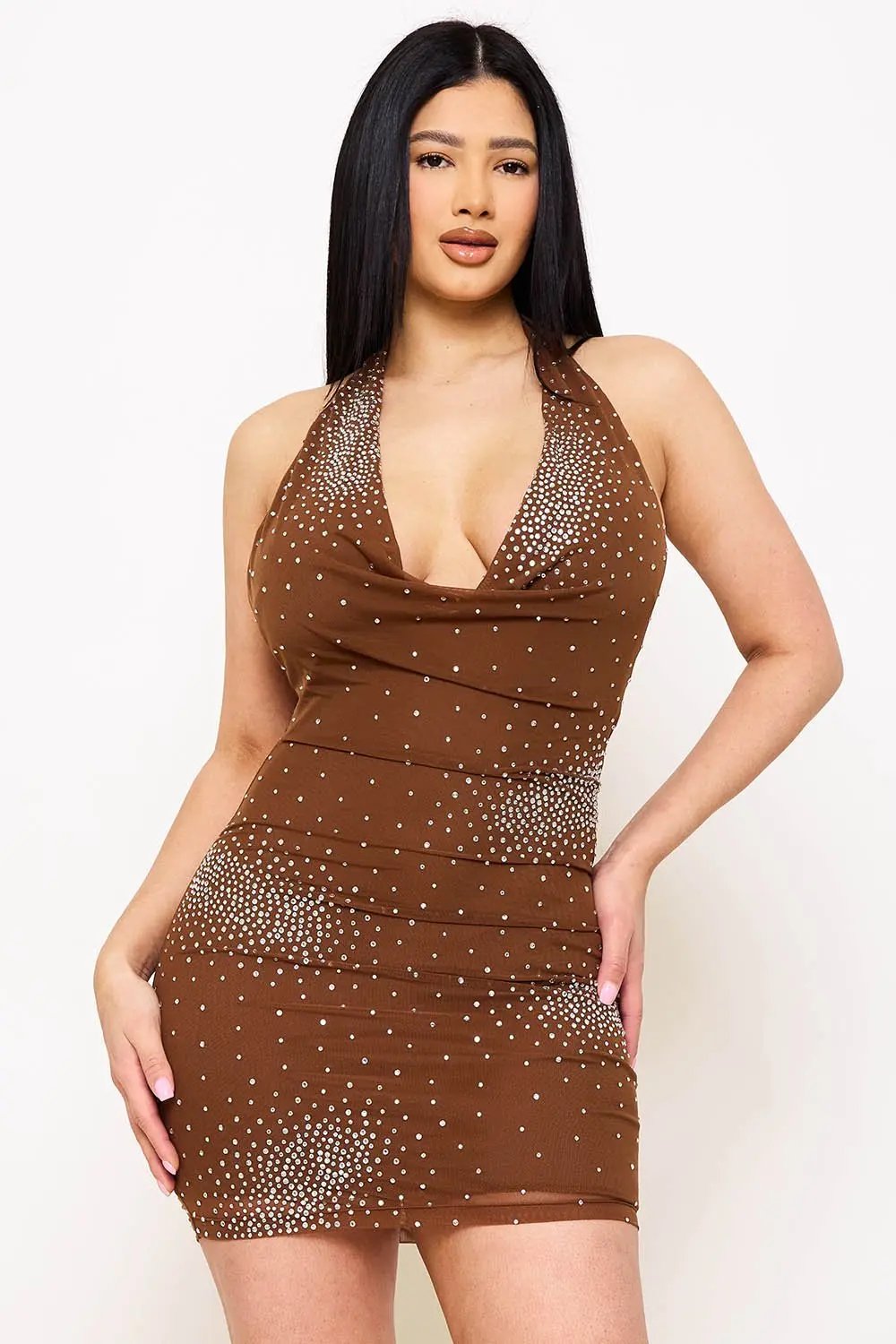 Rhinestone Mini Dress – Mesh Cowl Neckline & Double Button Closure BOUTINIE