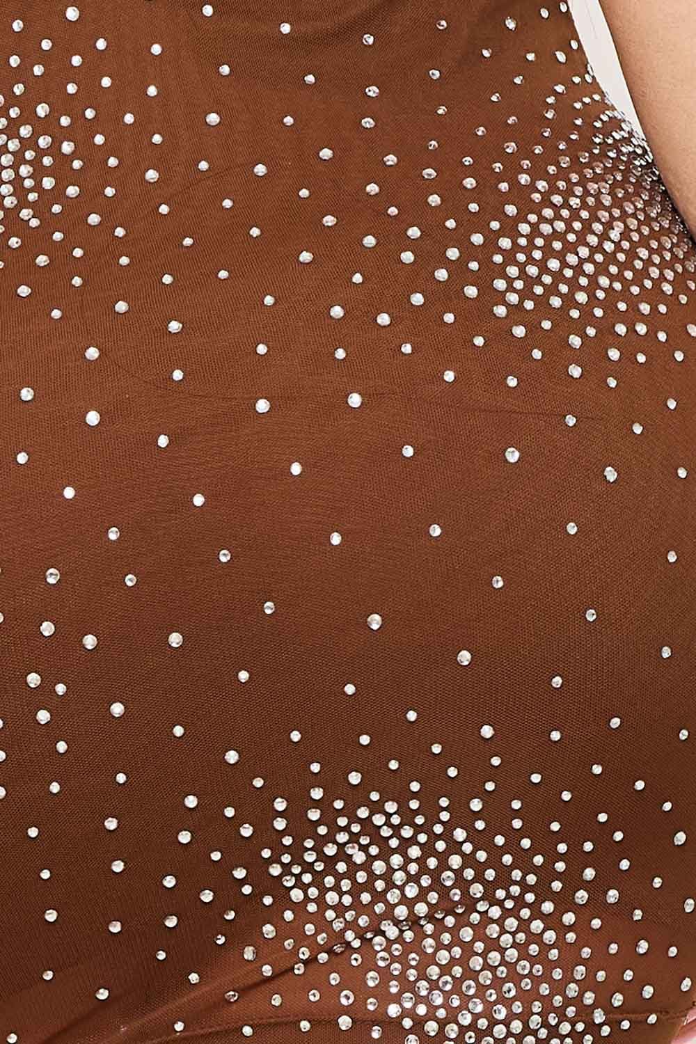 Rhinestone Mini Dress – Mesh Cowl Neckline & Double Button Closure BOUTINIE