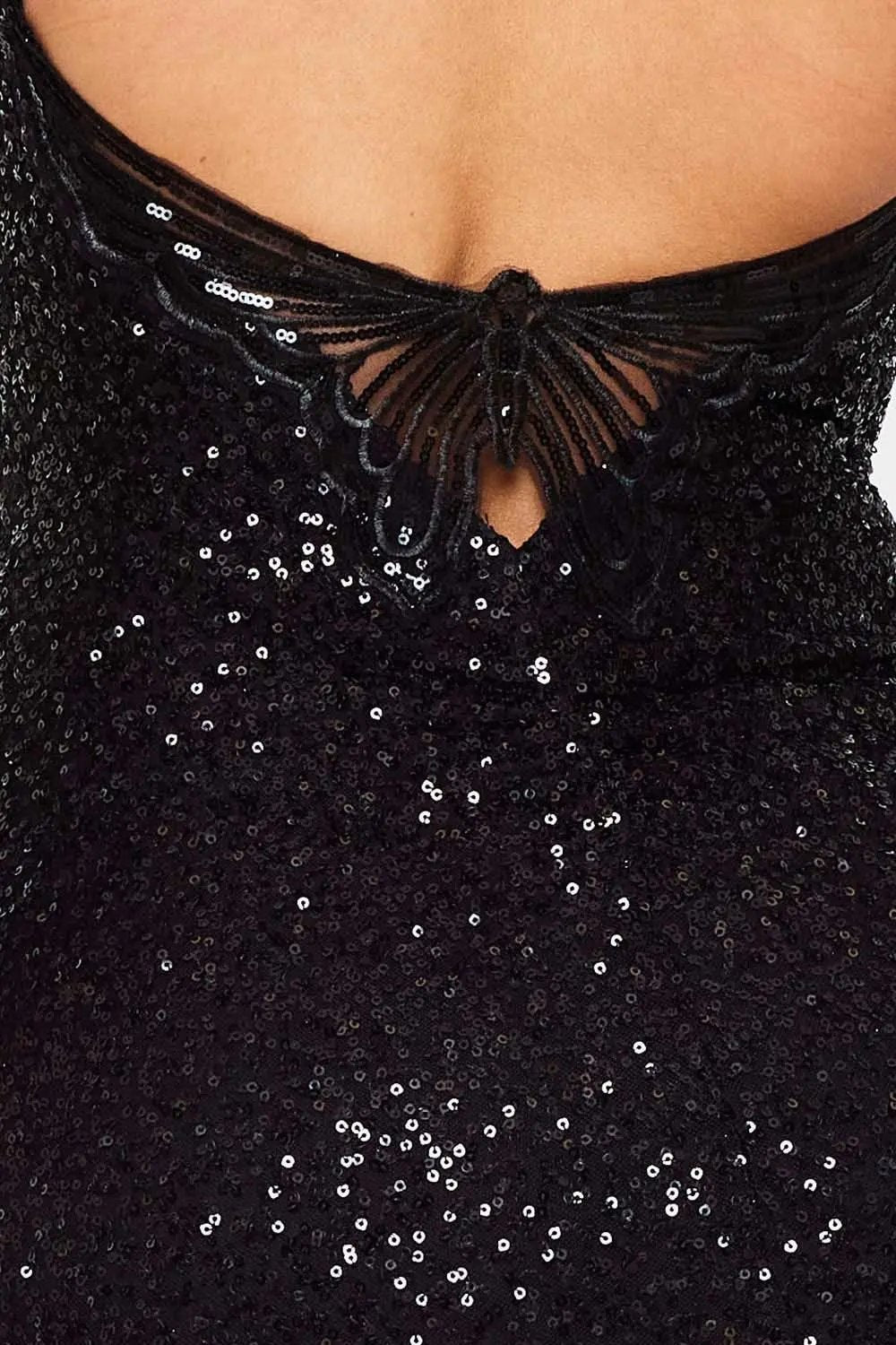 Sequin Mini Dress - Butterfly Embroidered Lace Back Bodycon BOUTINIE
