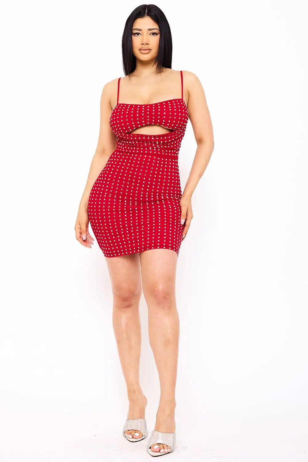 Rhinestone Mini Dress - Power Mesh Draped Front With Adjustable Strap BOUTINIE