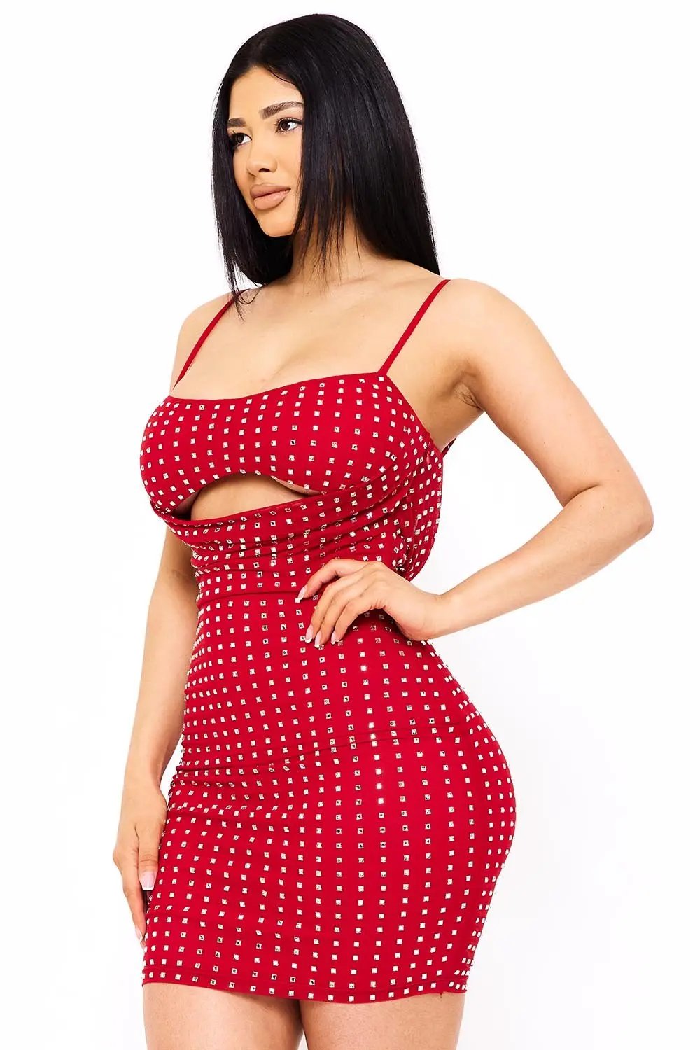 Rhinestone Mini Dress - Power Mesh Draped Front With Adjustable Strap BOUTINIE